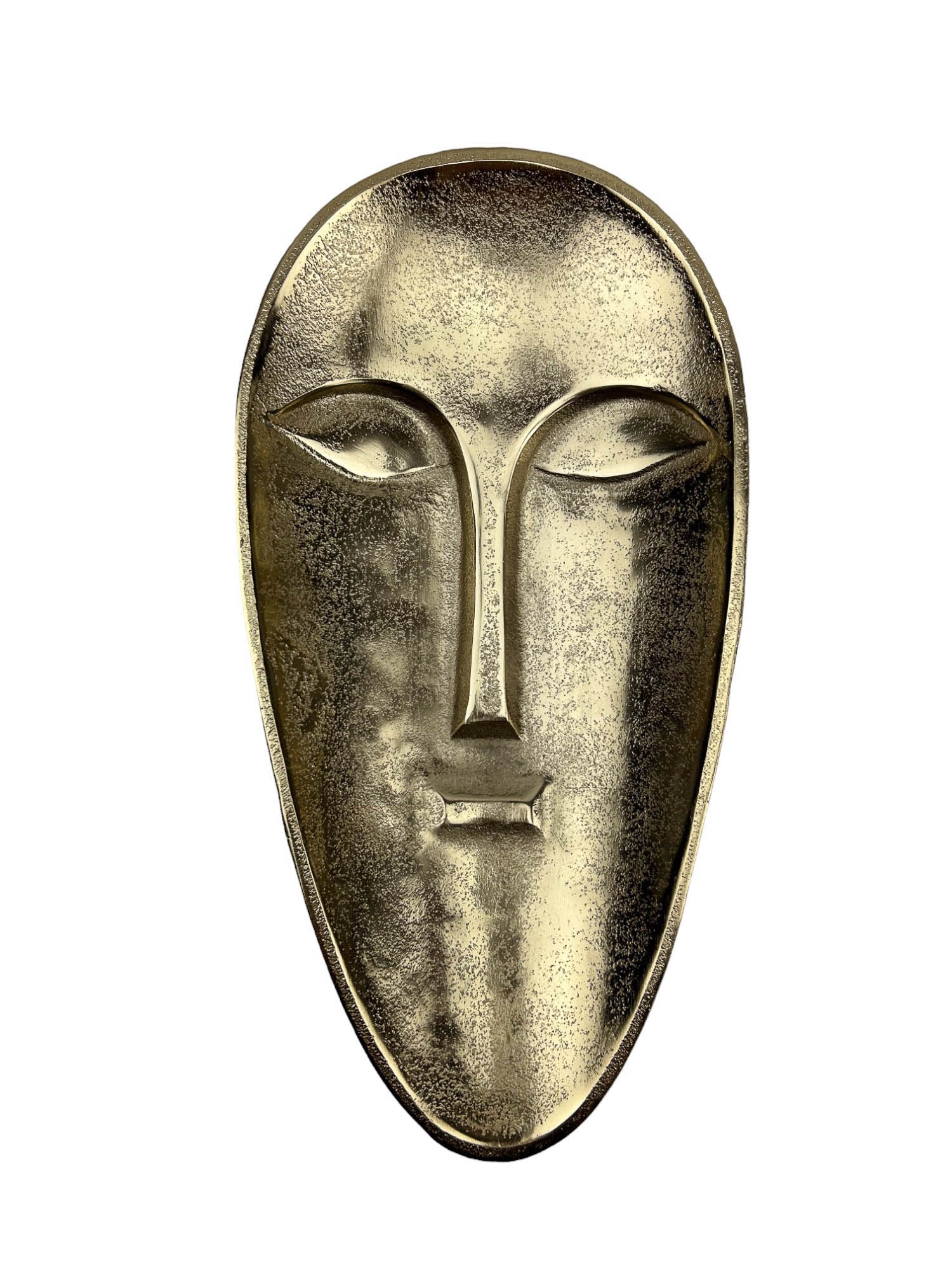 Modernist Abstract Gold Tone Footed Face Dish Tray: A stylized oval shaped somewhat deep serving tray. Designed with recessed eyes, prominent raised relief nose and a raised rectangular shaped mouth. Warm gold toned peppered appearance all around. Rais