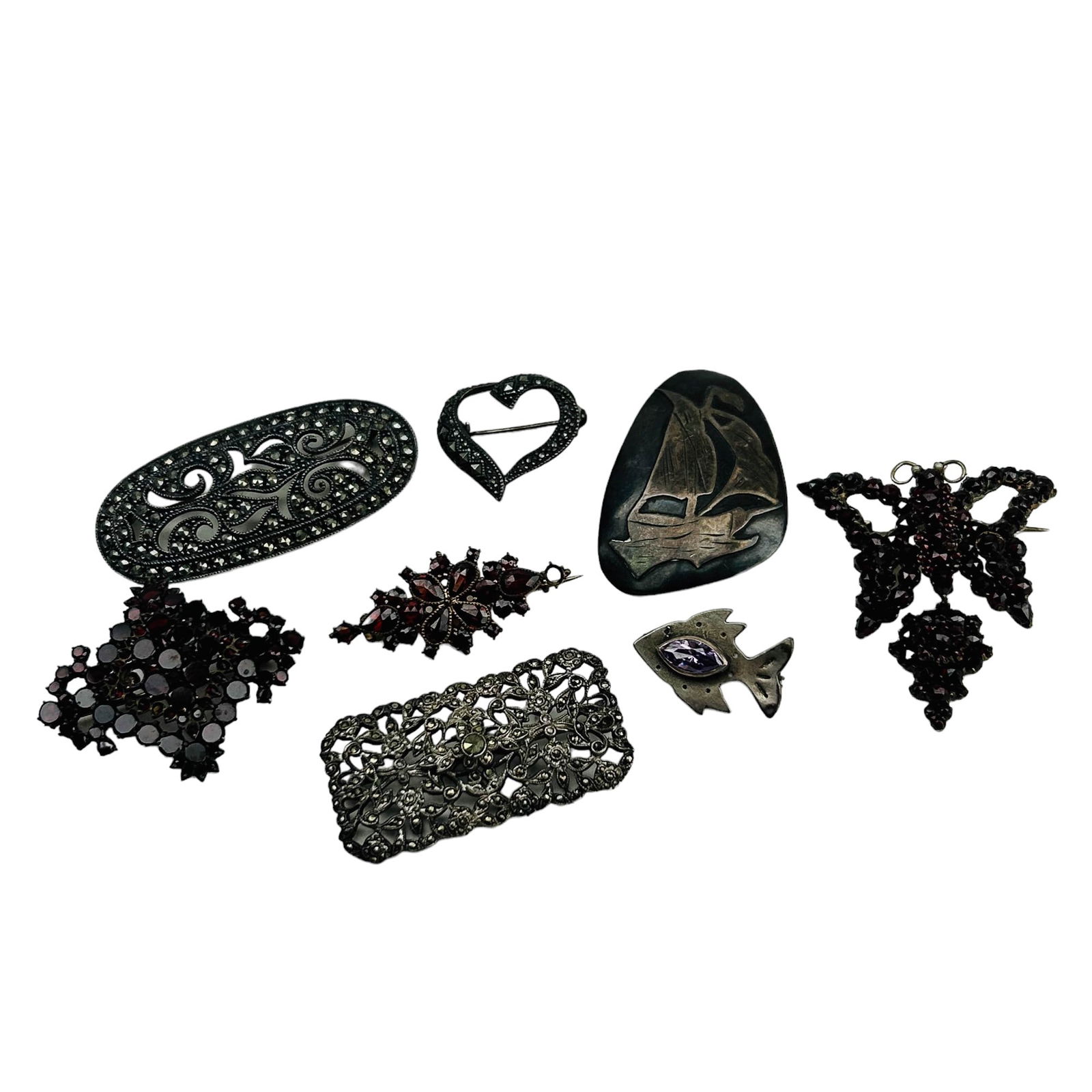 Sterling Garnet Marcasite Amethyst Brooch Pin 8 pc (1 of 6)