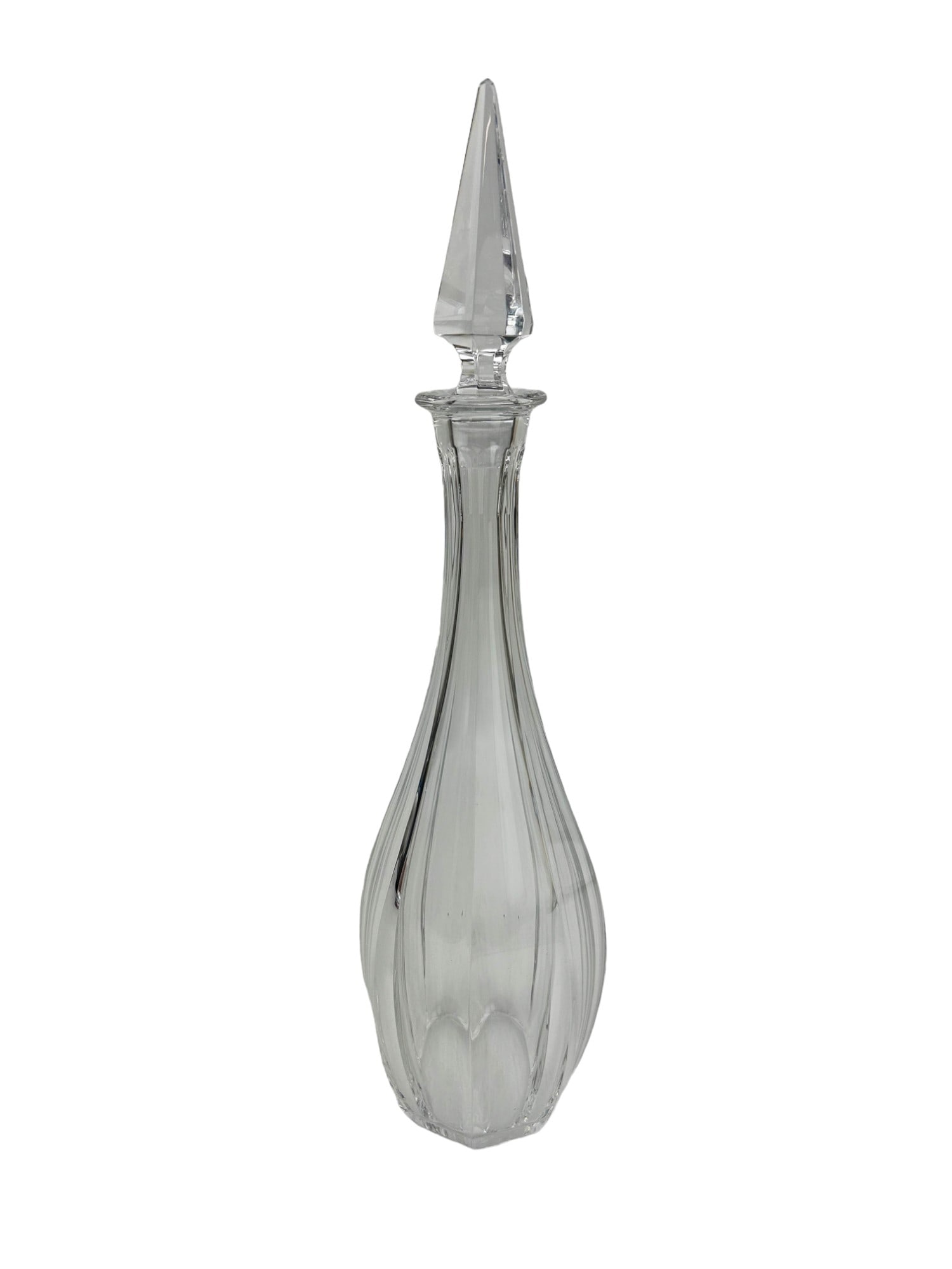 Baccarat French Crystal Pyramids Wine Decanter: Manufacture : Baccarat. Country of origin : France. Pattern : Pyramids. Circa : 20th Century. Status : Discontinued / Retired. The conical shaped clear art glass body features elongated tapered panels