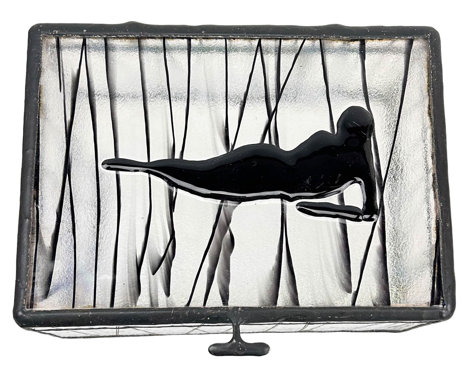 Iridescent Leaded Glass Reclining Nude Jewelry Box: Artisan studio handcrafted 20th century rectangular trinket, coin, stamp storage box. Lid features an applied reclining nude glass figure against an iridescent panel with vertical black lines that are
