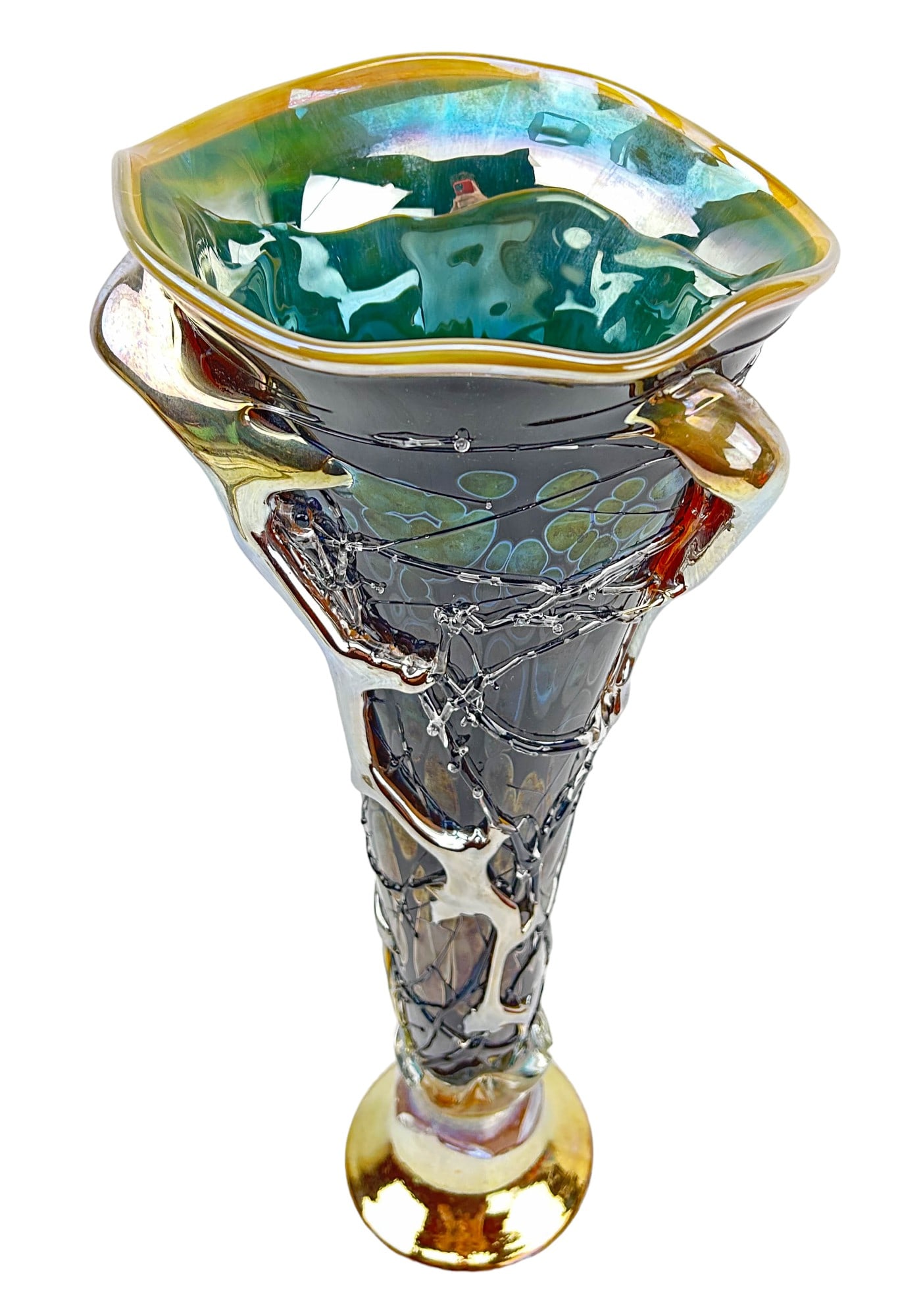 Studio Blown Iridescent Art Glass Trumpet Vase 19": Artisan studio hand blown art glass vase. Modeled with a distinctive trumpet shape. Graced with applied raised relief flowing glass applications around the body, against a black ground with raised thr