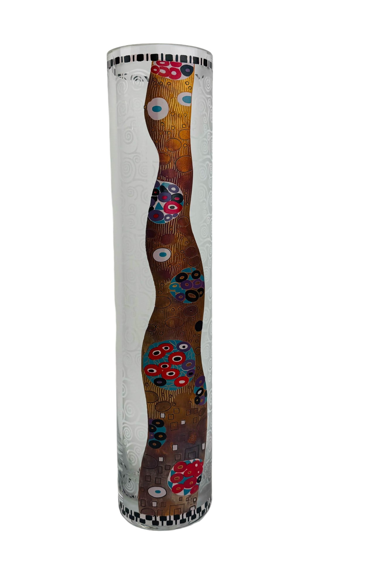 Egizia Gustav Klimt Design Italian Art Glass Vase: Late 20th century Italian made Omaggio A Gustav Klimt design art glass vase by Egizia, Italy. The cylindrically shaped tubular body depicts a motif inspired by Klimt iconic patterns and colorway with 