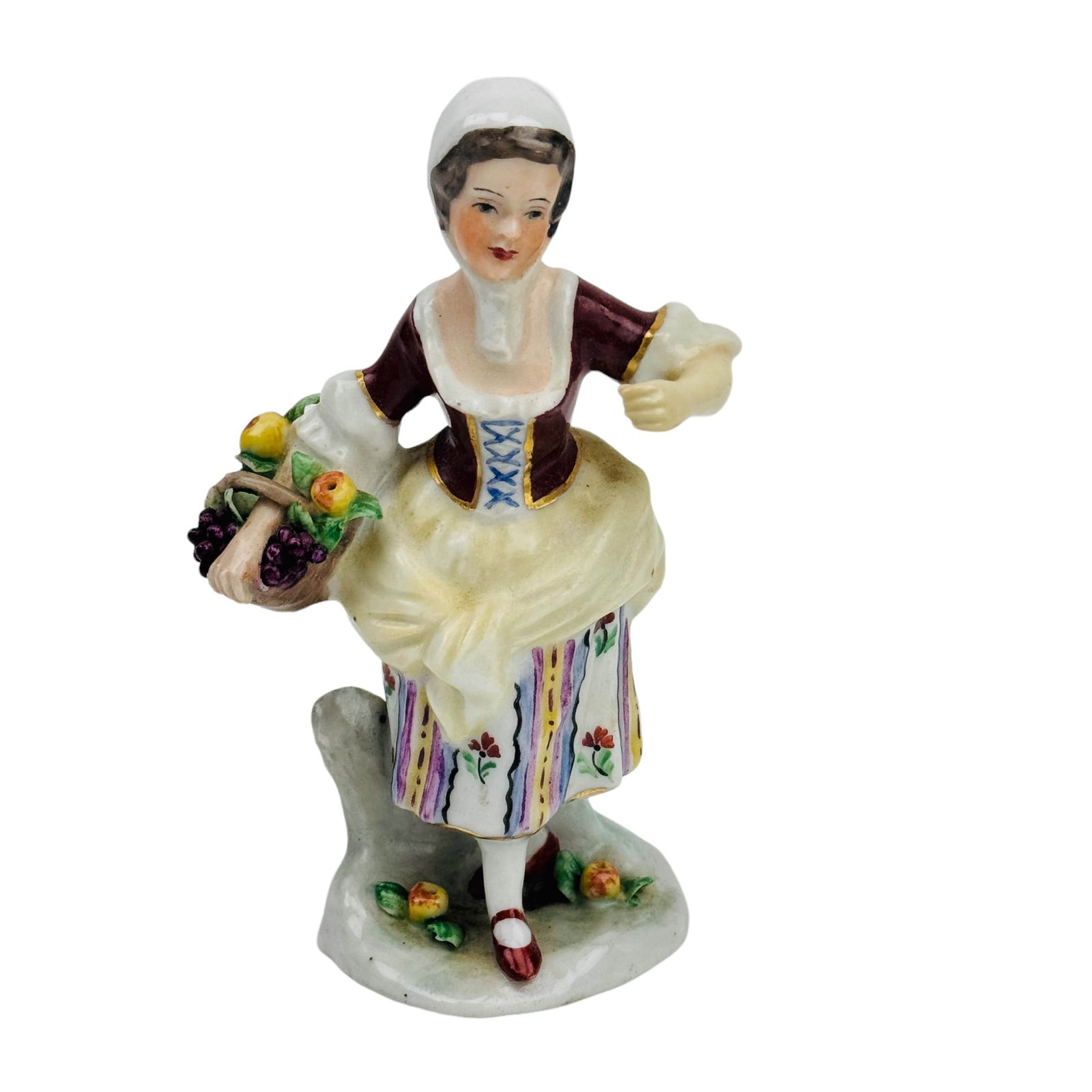 Meissen Porcelain Pheasant Girl w/ Fruit Basket: Late 19th early 20th century German porcelain curio cabinet display figurine. Features a young fair skinned farmer maiden girl in traditional Victorian era garb, holding a basket in one hand, loaded w