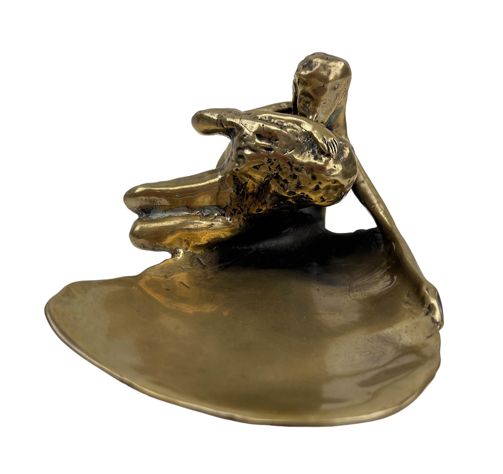 Victor Zak Zaikine b1941 Figural Bronze Sculpture: Victor Zak Zaikine (American, born 1941-), Titled : Embrace The Holder of Treasures. Subject matter a nude embracing male and female couple modeled in the shape of an ashtray dish bowl. Signed ~ inscr