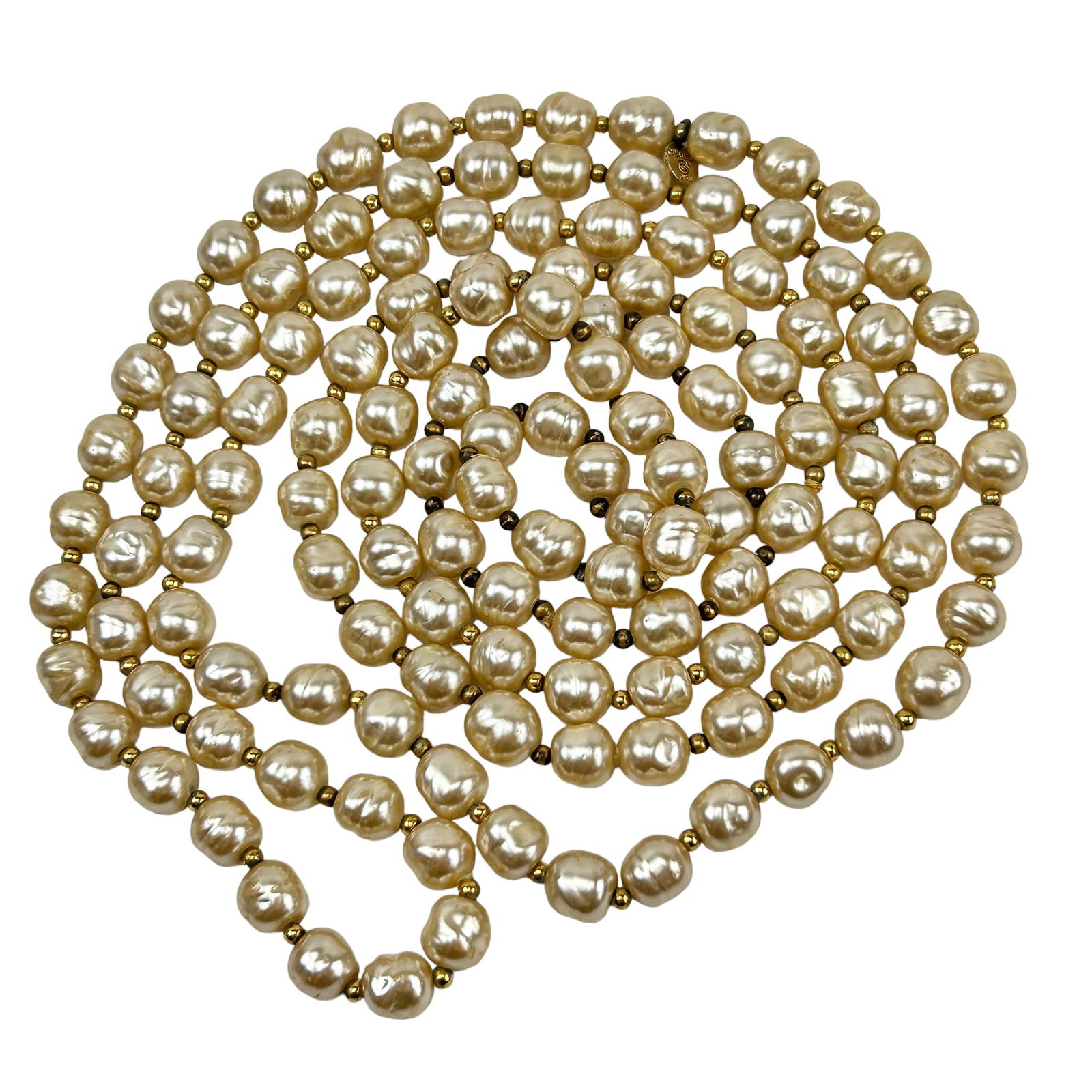 Chanel 1981 Faux Pearl 66" Layering Necklace w Box: Late 20th century French luxury designer jewelry article. Nicely single strung in manner. Comprised of a total of one hundred thirty four (134) faux white pearls with gold tone ball spacers in between