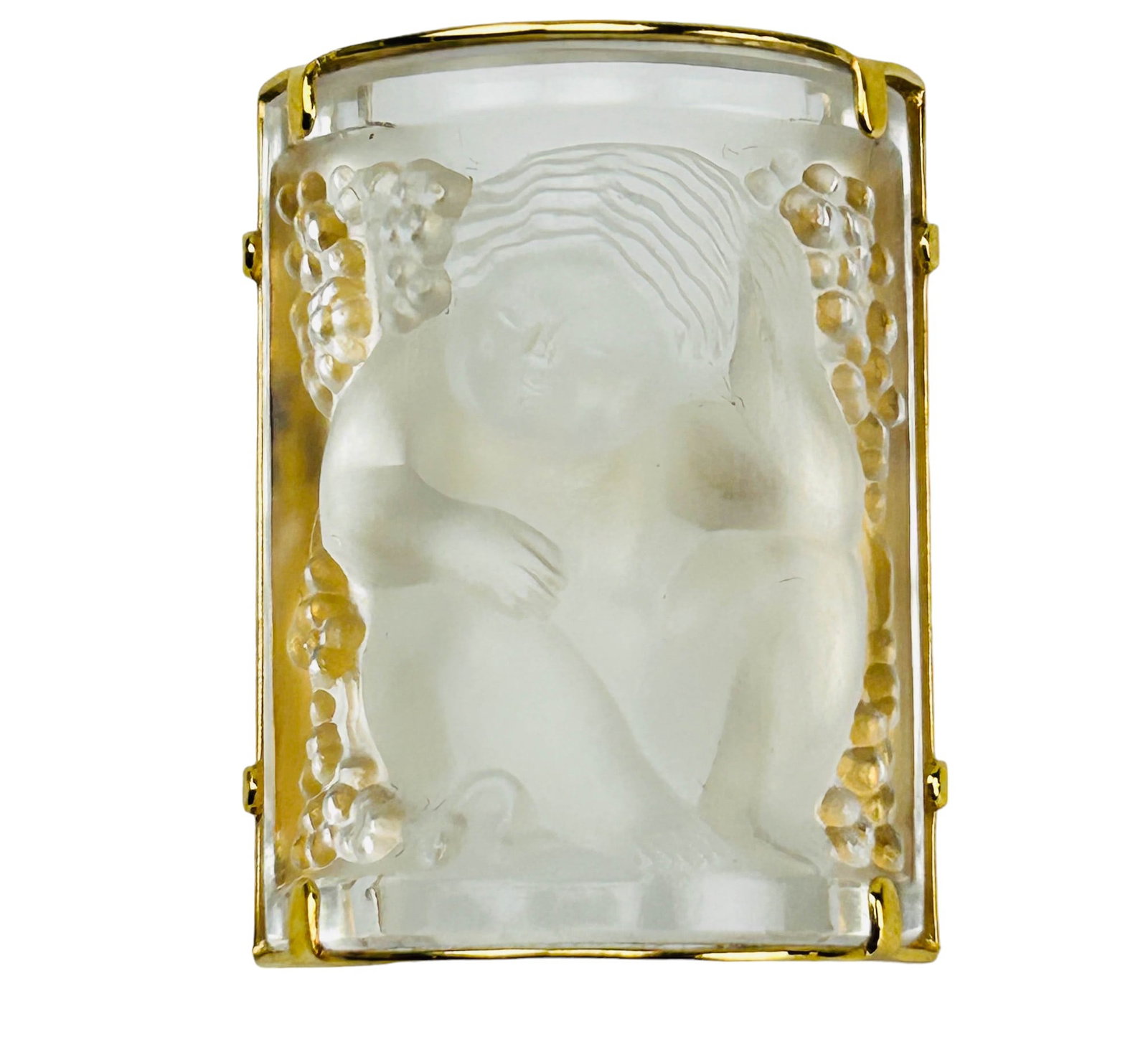 Lalique Crystal Enfants Nude Cherub Brooch Pin Box: French 20th century frosted crystal art glass ladies / women's jacket, dress, coat, blouse, scarf, hat pin. Name : Enfants. Features the mythological and legendary nude putti angel like infant in rais