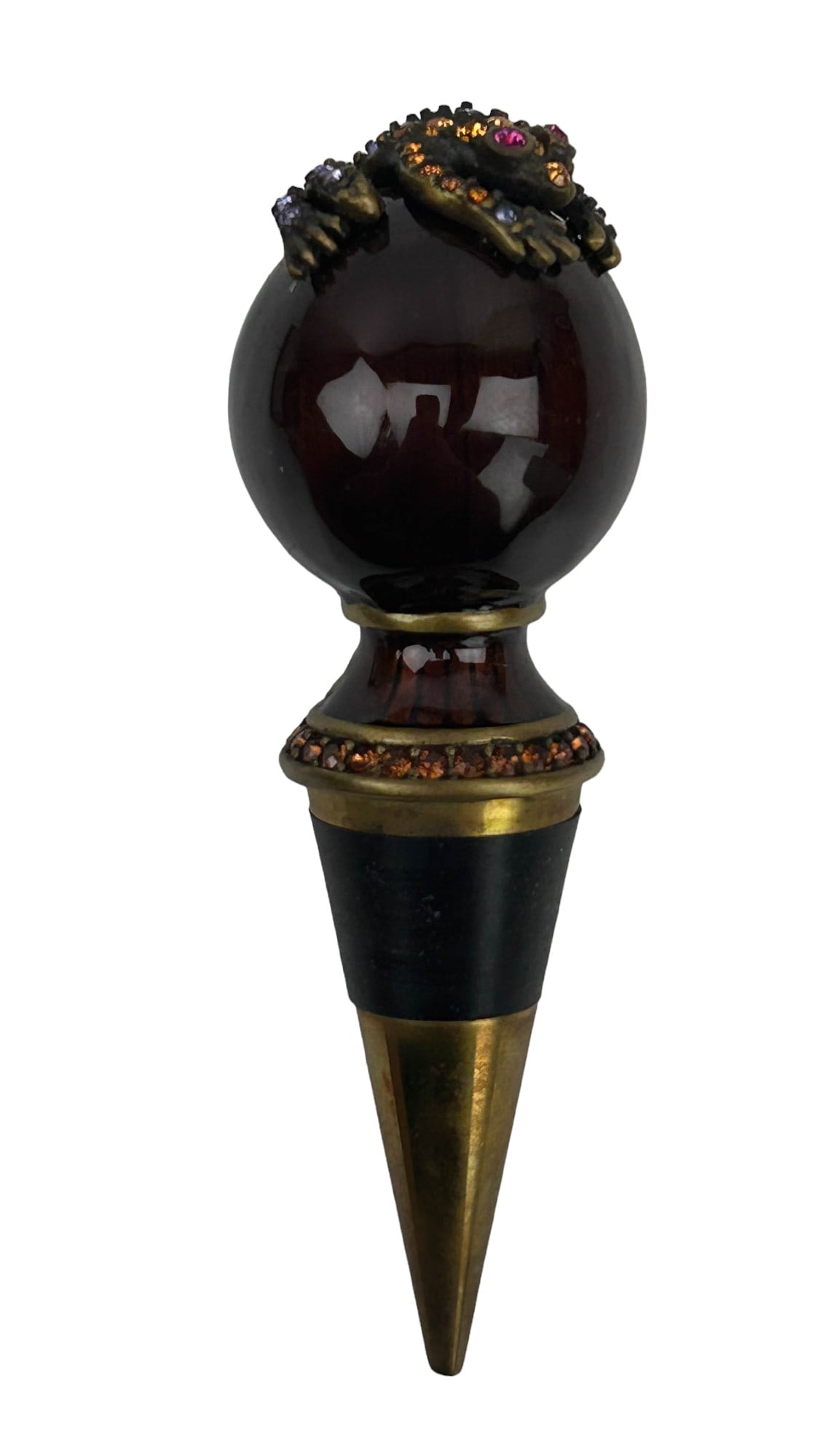 Jay Strongwater Swarovski Enamel Bottle Stopper: Luxury designer brand home interior decorative accessory bar barware wine champagne bottle stopper from Jay Strongwater. Graced with a brown colored enamel round top with a multi colored jeweled Swaro