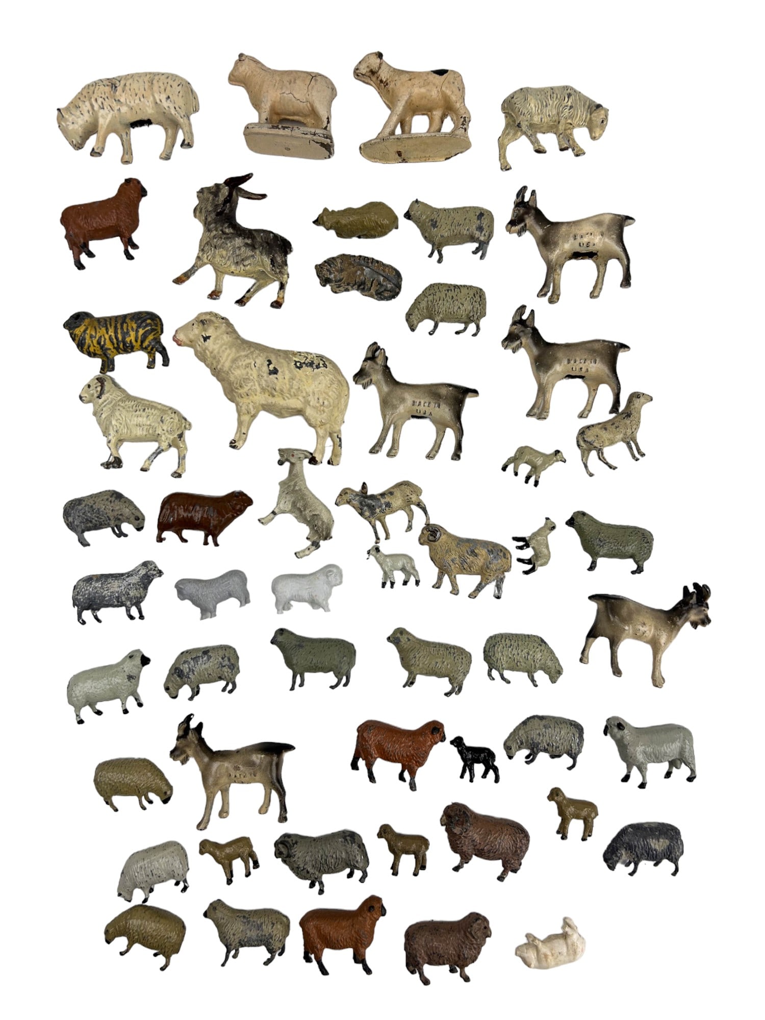 Miniature Sheep Ram Billy Goat Figurine 53pc LOT: Estate collection lot of a total of fifty three (53) mini sheep, ram and billy goat curio cabinet displays. Measure from the smallest being 3/4" to the largest standing 23/4". Signed ~ some stamped Br