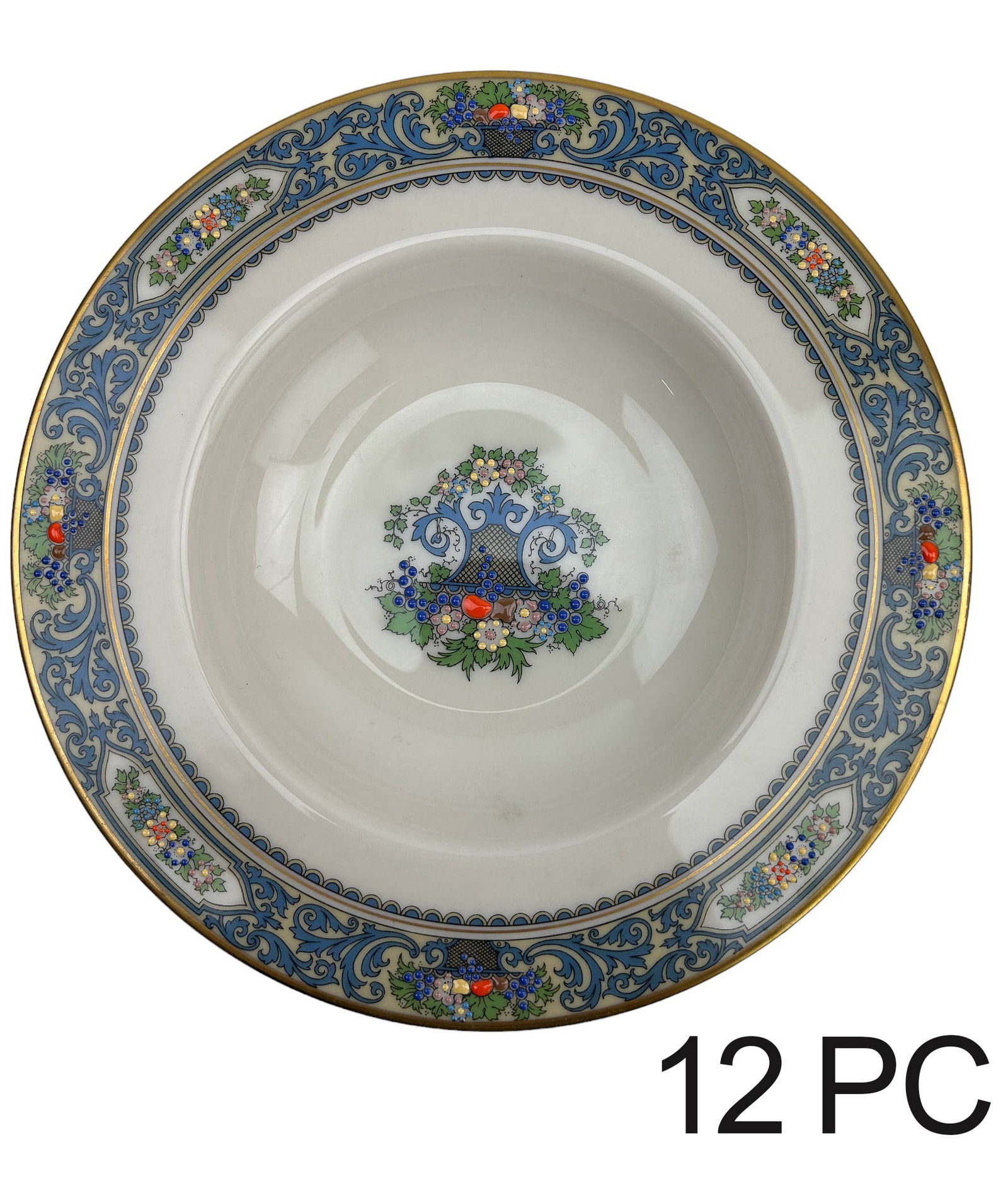 Lenox Porcelain Autumn 1966 brim Soup Bowl 12pc LOT: Manufacturer : Lenox. Country of origin : United States. Pattern : Autumn. Circa : 1966. Type : Rimmed soup bowls. Design features a blue scroll pattern with floral and basket designs accented with ra