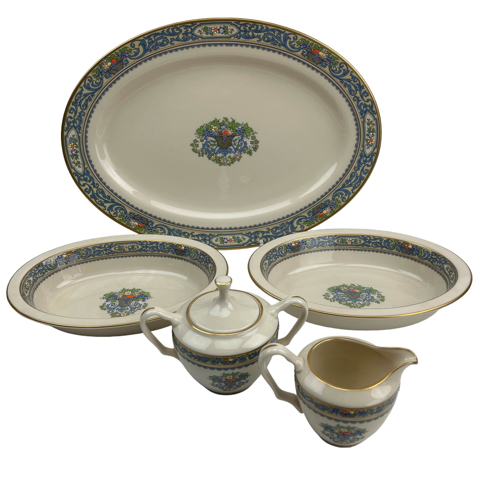 Lenox Autumn 1966 Creamer Sugar Bowl Platter 5pc: Manufacturer : Lenox. Country of origin : United States. Pattern : Autumn. Circa : 1966. Design features a blue scroll pattern with floral and basket designs accented with raised enamel decorations ar
