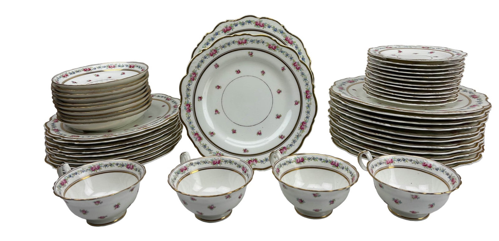 Cauldon English Bone China Cup Saucer Plate LOT: Estate lot of a total of forty eight (48) pieces of English bone china dinnerware. Manufacturer : Cauldon. Country of origin : England. Pattern : K8627. Status : Discontinued / Retired. Design feature
