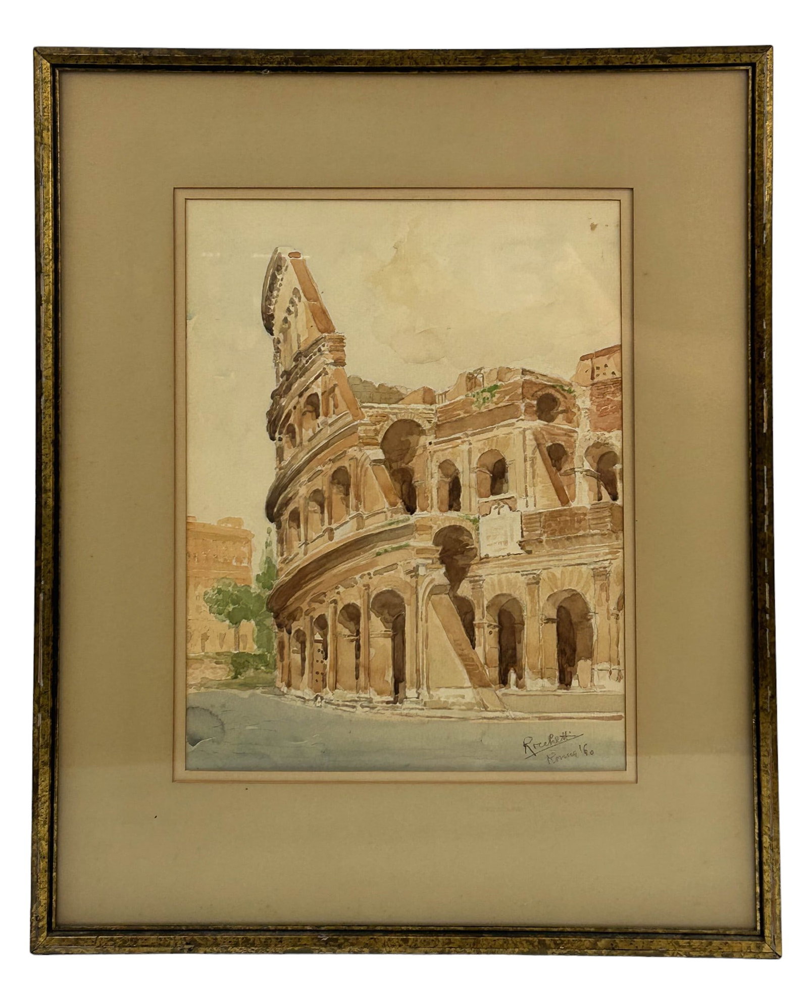 Roman Colosseum Amphitheater Watercolor Painting: 20th century European watercolor painting on paper. Depicts the monumental tiered historical elliptical amphitheater, built during the Roman Empire, a landmark in the archaeological heart of Rome, Ita