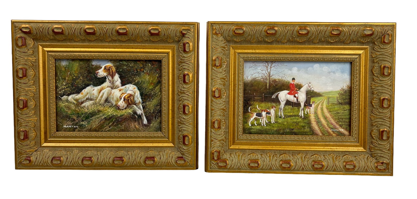 Fox Hunting Scene & Setter Dogs Paintings SIGNED: Estate lot of a total of two (2) acrylic on board paintings. Subject matter on one depicts an English fox hunting scene with a huntsman on a white horse with English Foxhounds. The other painting depi