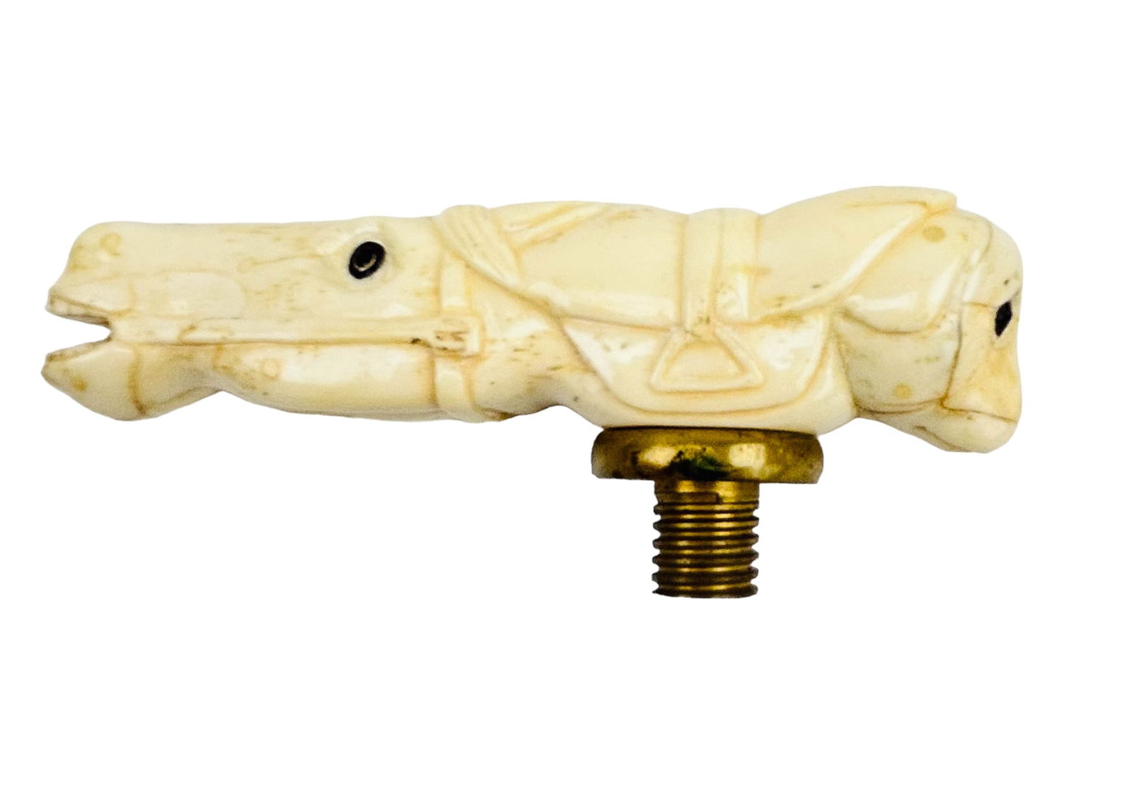 Carved Ox Bone Walking Stick Cane Parasol Handle: Hand carved well detailed figural horse head and monkey face walking stick or a parasol handle. Both with applied brown and black colored accents to their eyes. Brass mounted hardware. No apparent mak