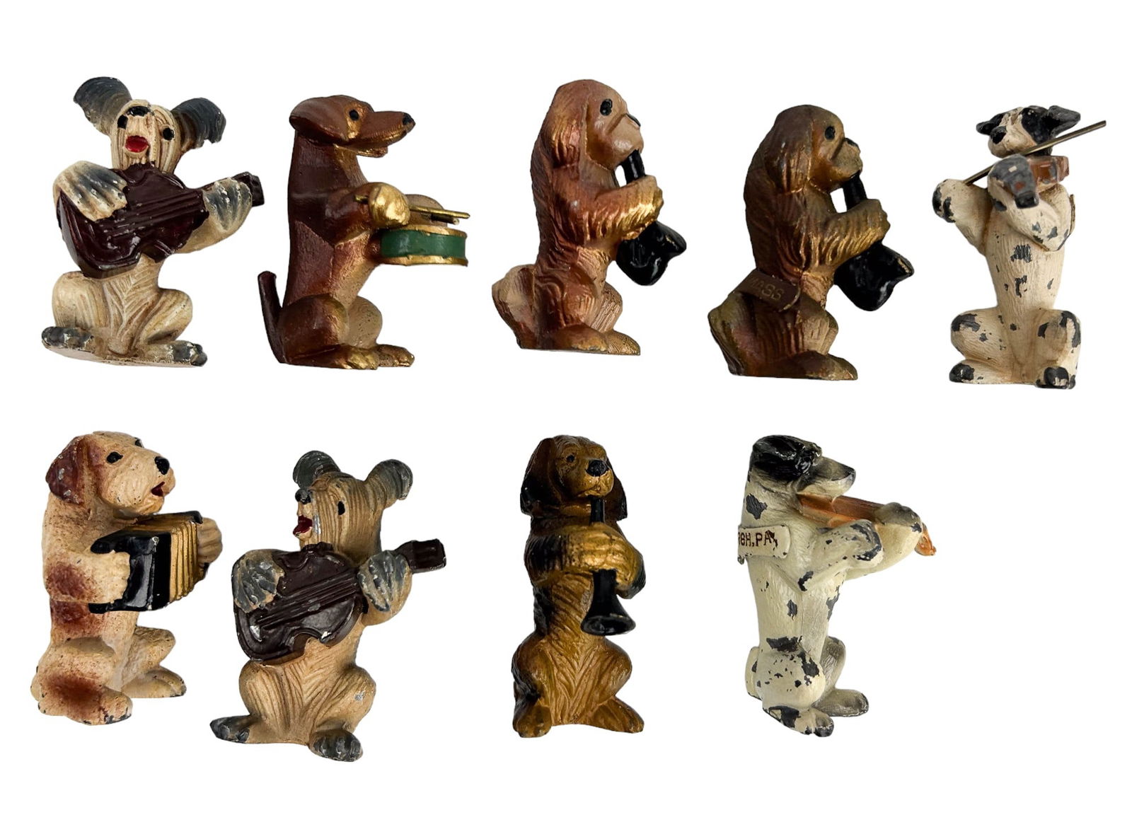 Antique Painted Metal Mini Dog Musician Figurines: Estate collection lot of a total of nine (9) hand painted metal curio cabinet miniature K9 dog musicians. Each featuring the animal playing a musical instrument from a clarinet, drums, violin, harmoni