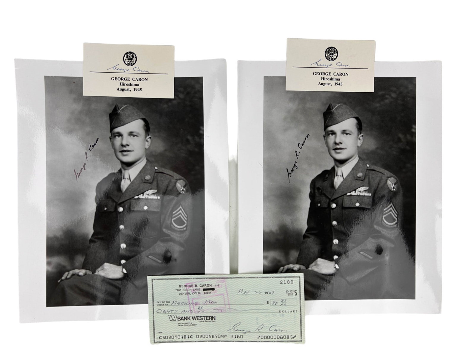 George Caron Tail Gunner Enola Gay War Memorabilia: George Caron (American, 1919 - 1995). American pilot, tail gunner aboard the B-29 Enola Gay during the historic bombing of Hiroshima, Japan, August 6th 1945. Selection of articles for auction include 