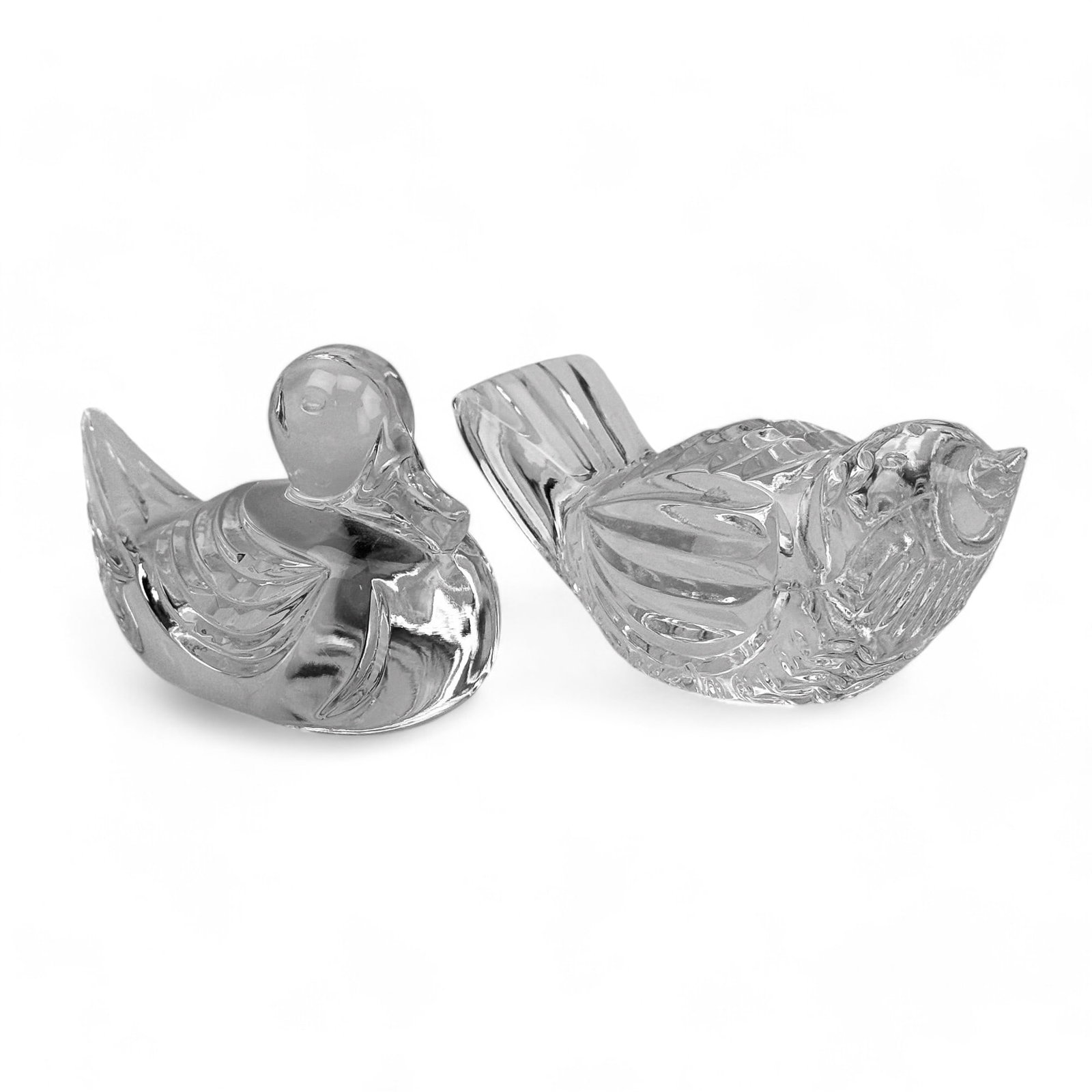 Lot 2 Waterford Crystal Duck Sparrow Bird Figurine: Lot of 2 Waterford Crystal Bird figurines. Includes 1 small duck and 1 sparrow. Both Stamped Waterford on Base. Measure 4 1/8" - 4 5/8". Condition: Good Overall Condition, having light surface wear an