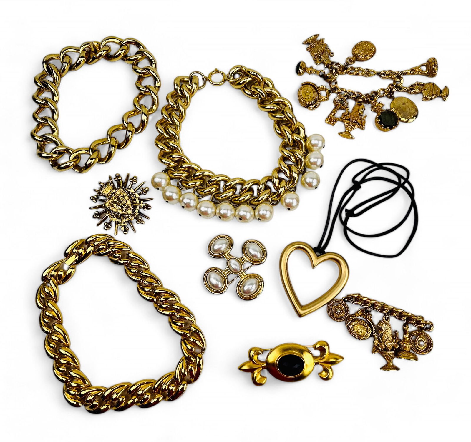 Ben Amun Erwin Pearl Stannard Jewelry ESTATE LOT: Estate collection lot of a total of nine (9) women's costume jewelry choker necklace, brooch pins, pendant necklace and a charm bracelet. Includes ~ One (1) Shield crown brooch by Pearl Erwin stamped