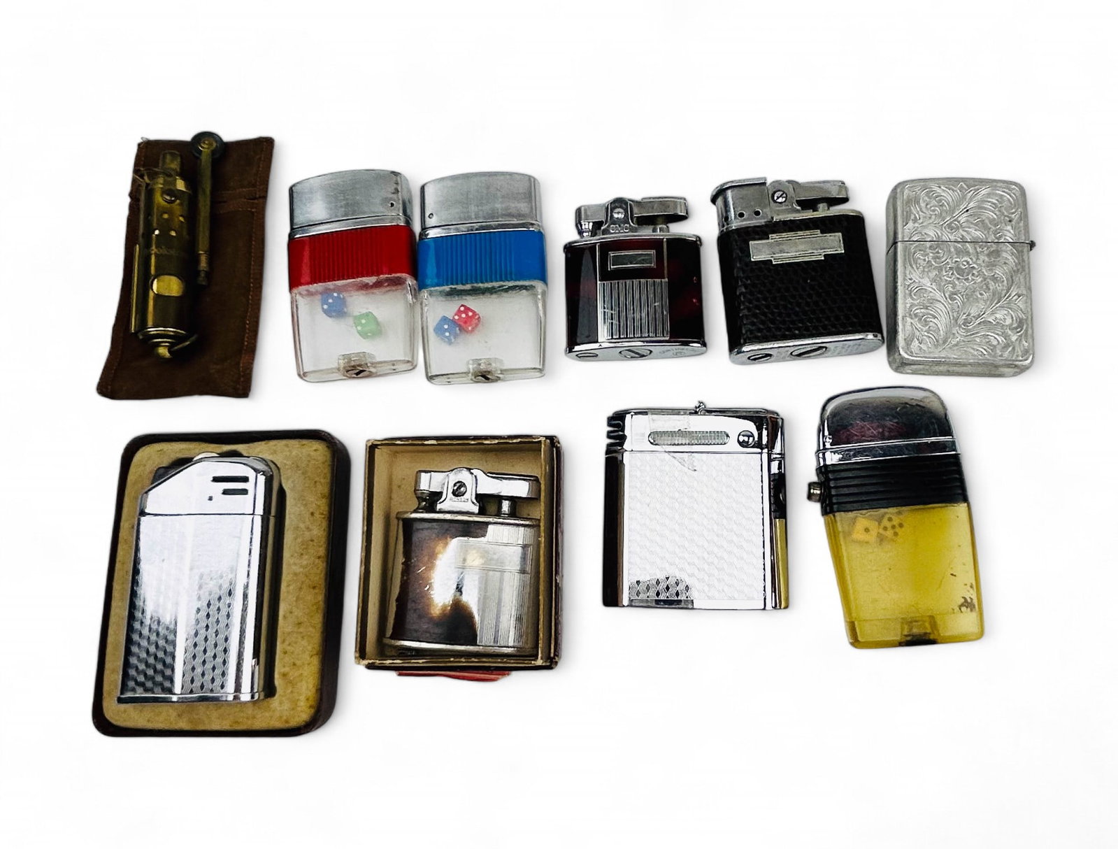 Ronson Continental Canada Kaywoodie Lighter LOT: Estate collection lot of a total of ten (10) cigarette cigar pocket sized lighters. Includes ~ Two (2) Ronson. One (1) Kaywoodie. One (1) Continental. One (1) Magna. One (1) Canada. One (1) Park. The 