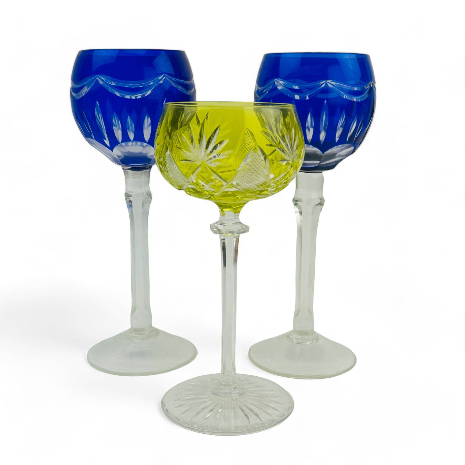 Lot of 3 Cut to Clear Czech Wine Hock Glasses: Lot of 3 Cut to Clear Wine Glasses. 2 Blue measure 8 1/4" high, yellow measures 7 1/8" high. Condition: Good overall condition with light surface wear. Estate fresh to Market. Shipping: MiddleMa