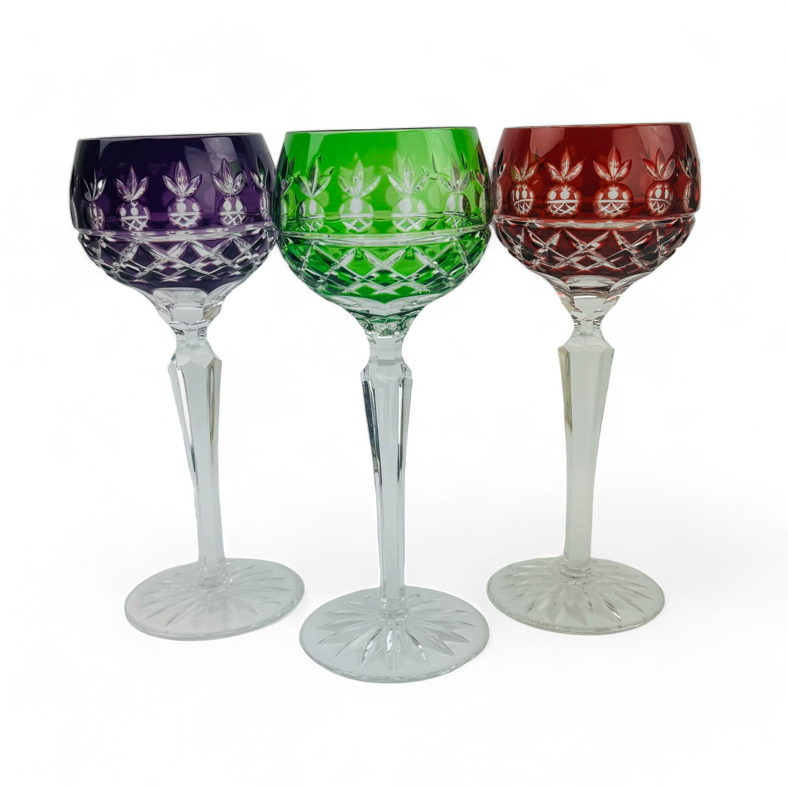 Lot 3 Bohemian Czech Cut to Clear Wine Hock Glass: Lot of 3 Cut to Clear Wine Glasses. Includes 1 of each color, Red, Purple and Blue. Measures 8 1/8" high, 3" across mouth. Condition: Good overall condition with light surface wear. Estate fresh to Ma