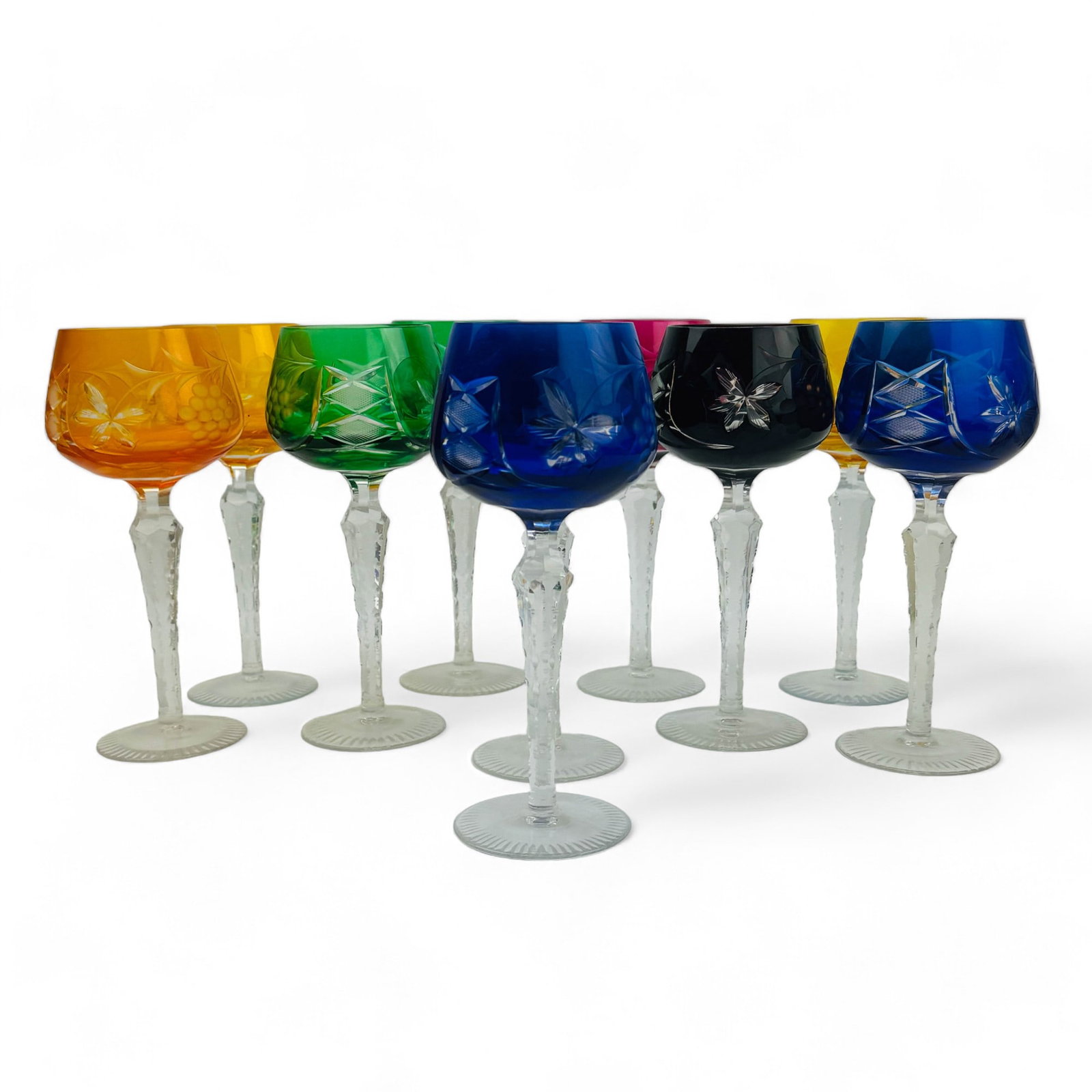 Bohemian Czech Cut to Clear Wine Hock Glass 10pc: Cut to Clear Wine Hock Glasses. Contains 3 yellow, 2 blue, 2 green,1 red, 2 deep burgundy. Measure 8" high, 2 3/4" across mouth. Condition: Good overall condition with light surface wear. Estate fresh