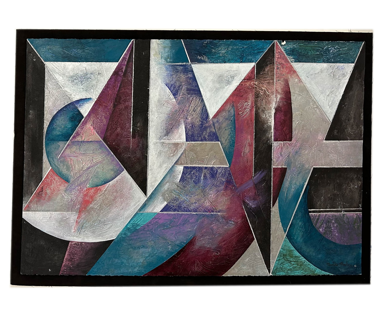 Marlene Healey b.1952 Abstract Oil Canvas Painting: Marlene Healy ( British, Born 1952 ). Oil on canvas painting. Subject matter depicts several geometric inspired shapes and forms forming and unique design. Work mounted on a black colored canvas paper