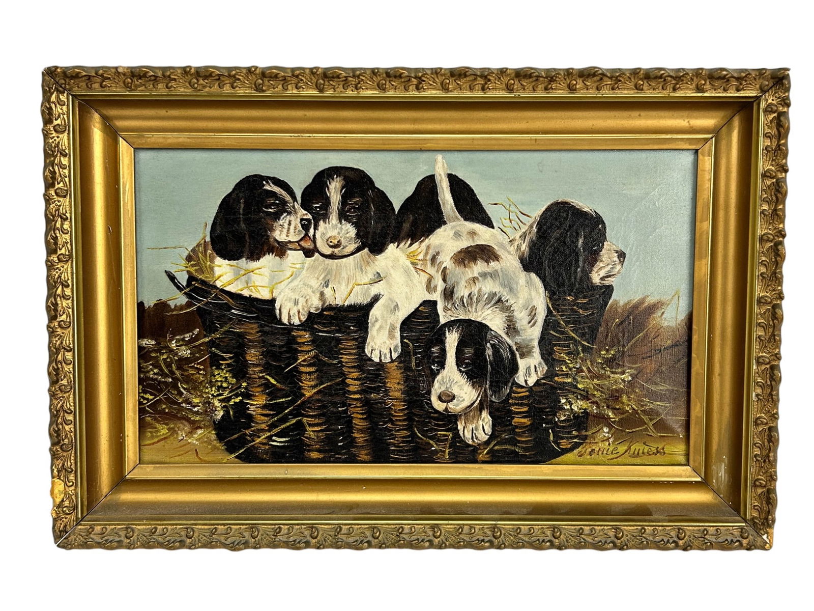 Antique Puppy Dogs in Basket Oil Painting SIGNED (1 of 4)