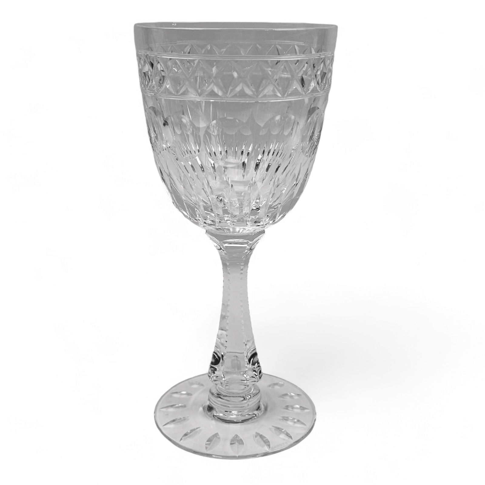 Hawkes Crystal Manor Stem 7240 Water Goblets 12pc: Estate lot of a total of twelve (12) crystal art glass stemware by Hawkes in their Manor (Stem 7240) pattern. Status : Discontinued / retired. Bowls feature a X station band over a coin dot over verti