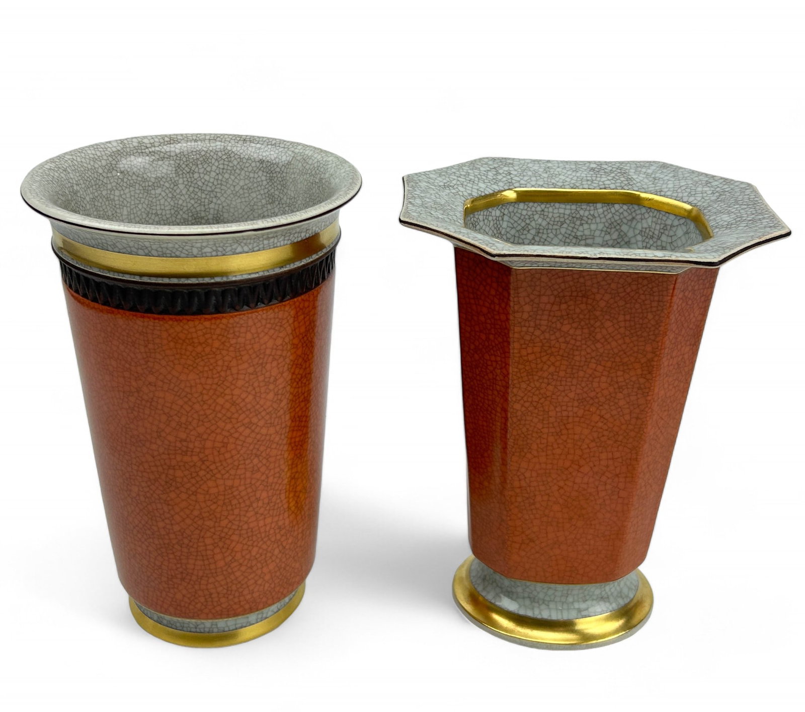 Royal Copenhagen Porcelain Crackle Glaze Vase 2pc: Manufacturer : Royal Copenhagen. Country of origin : Denmark. Pattern : Craquele. Designer : Thorkild Olsen (Danish, 1890 - 1973). Circa : 1960's. Includes ~ One (1) Barrel shaped vase. One (1) Octago