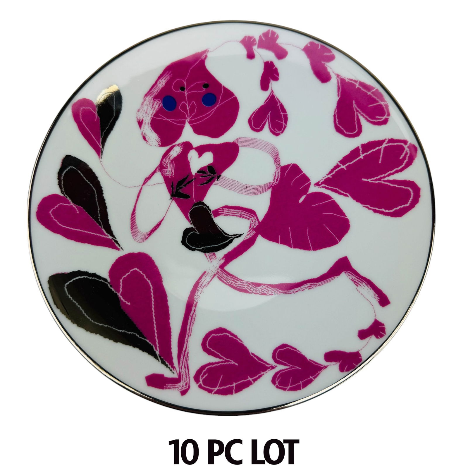 Christian Lacroix Porcelain Dessert Plates 10p LOT: Estate lot of a total of ten (10) porcelain dessert plates by Christian Lacroix ~ celebrated and acclaimed French fashion designer. Designs showcase the artist's strong sense of color and pattern mix.