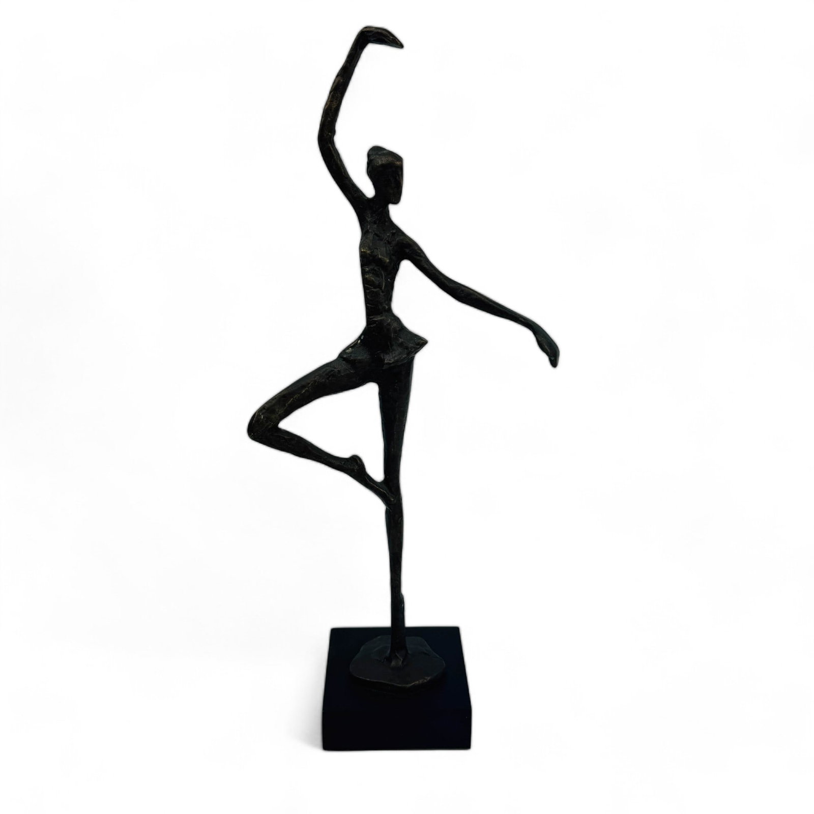 Bronze Giacometti Style Ballerina Girl Sculpture: Studio artisan Handcrafted metal figurine. Features a young slender and graceful female figure in a classic dance pose. Mounted stop a black colored square base. No apparent maker's markings. Being so