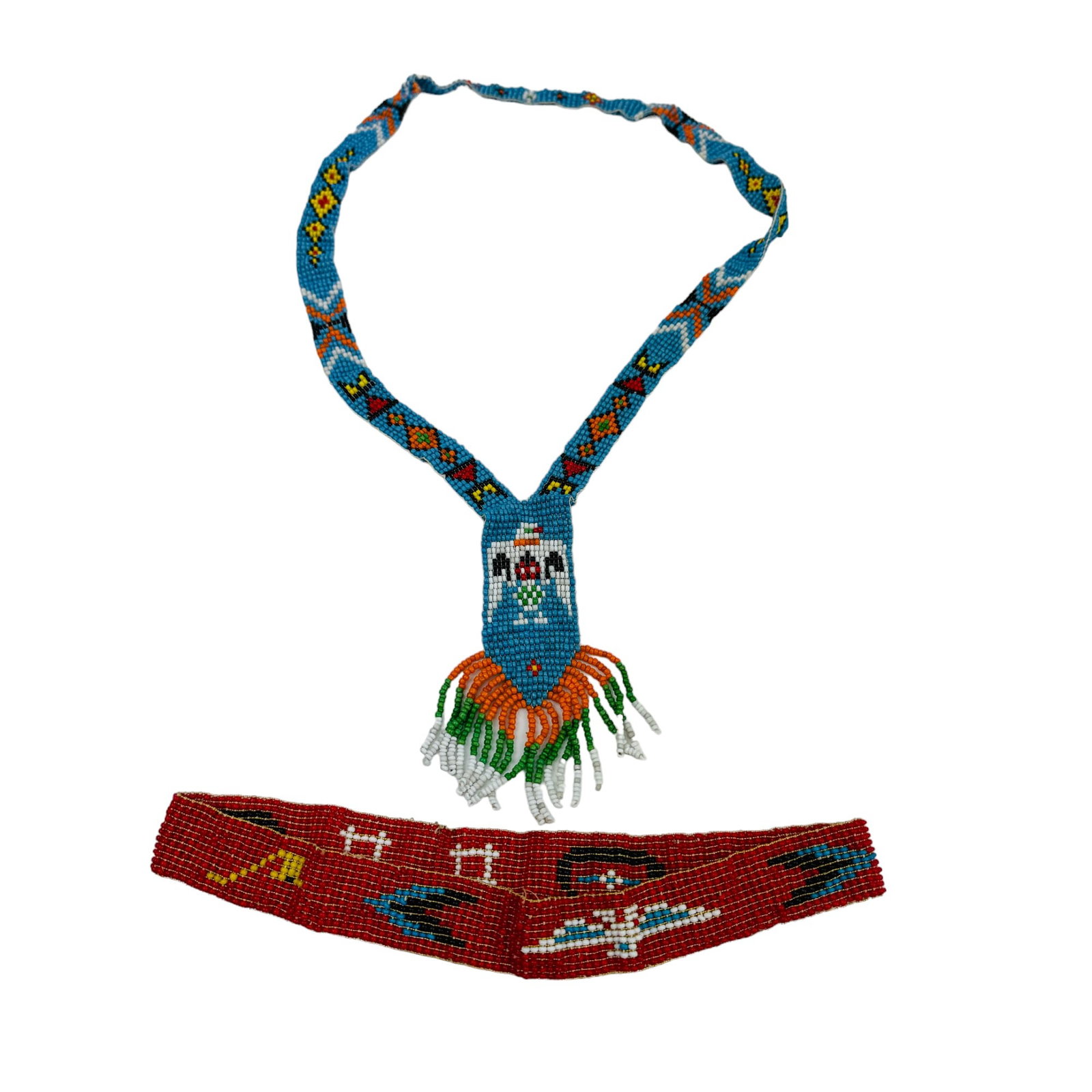 Native American Beaded Headband & Necklace: Authentic Native American beaded headband with complementary necklace. Headband is woven on and elastic bands. Vivid colors of red, blue, black and yellow. 9" x 1" x .10". Beaded necklace is made with
