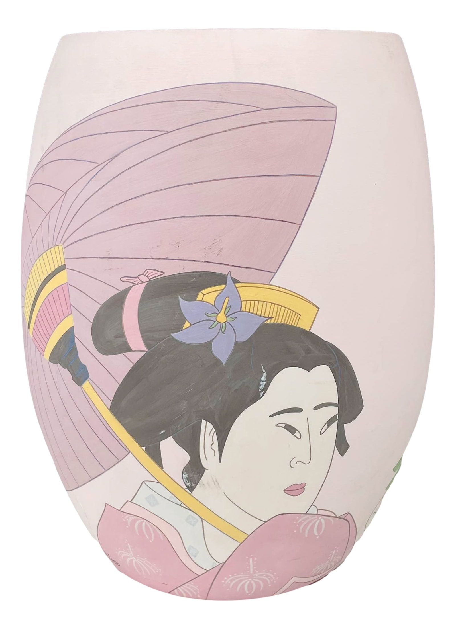 Sylvia Gryaner (20C) Geisha Pottery Umbrella Stand: Sylvia Gryaner (American, 20th Century). A limited edition art pottery umbrella stand or jardiniere cache pot. Hand decorated with a delicate pink ground, and having encircling figural images of Japan
