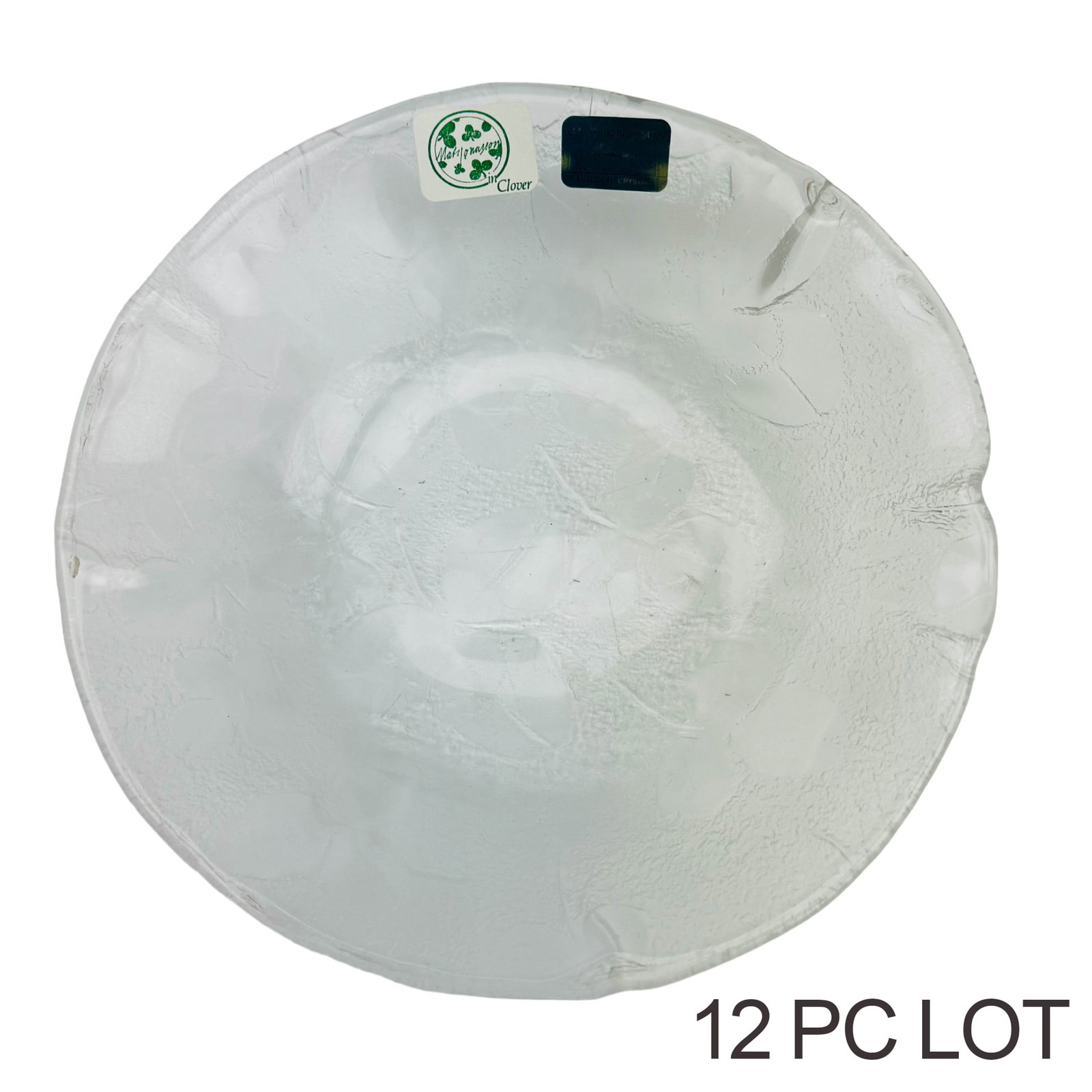Mats Jonasson Swedish Crystal Clover Bowls 12pc: Sweden Late 20th Century Lead Crystal Art Glass frutti, Dessert, Cereal, Soup Bowls. Designer : Mats Jonasson for Maleras Glasbruk. Each graced with a clear three clover leaf and stem pattern on the u
