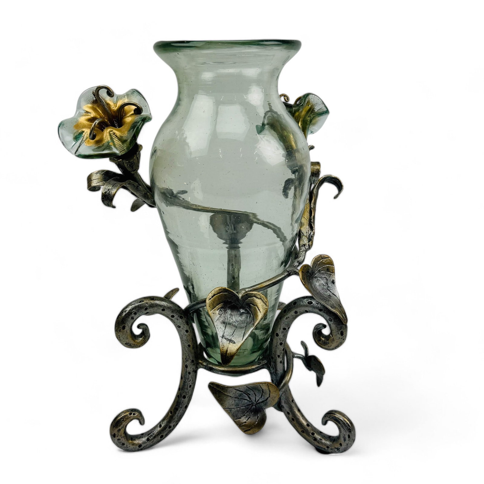 Janice Minor Metal and Glass Morning Glory Vase: Studio Blown Glass Vase with Silver Metal Floral Stand. Janice Minor Metal and Glass Morning Glory Vase No Apparent Makers Mark Dimensions: 12 X 7 X 7 in. Condition: Good Overall Condition, having