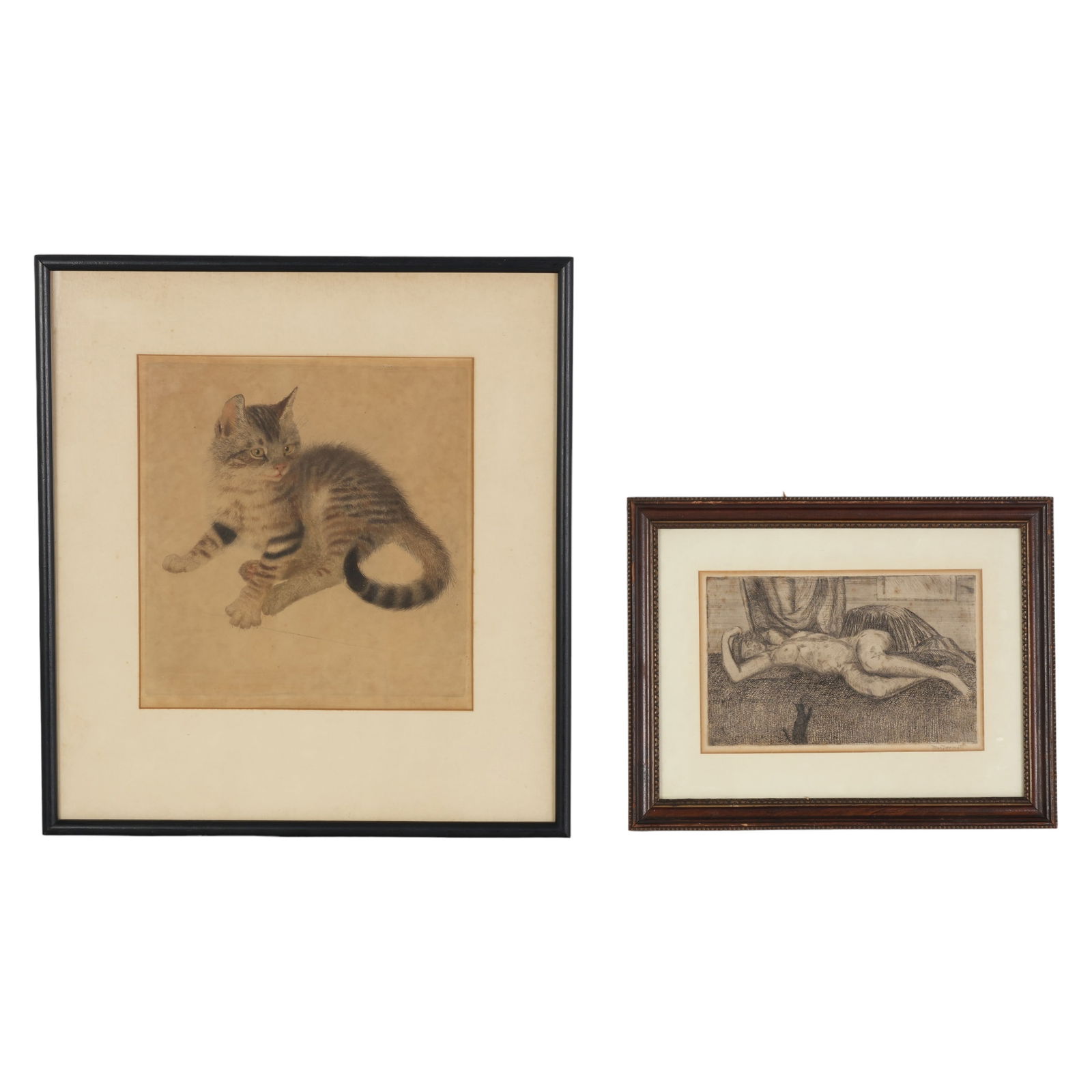 Antique Nude with Cat & Kitten Etchings 2pc SIGNED: A lot of two antique cat-themed etching prints on paper. Includes (1) nude posing with cat at her bed, etching by Stewart MacDermott (American, 1899-1966), signed lower right, and (1) railroad kitten