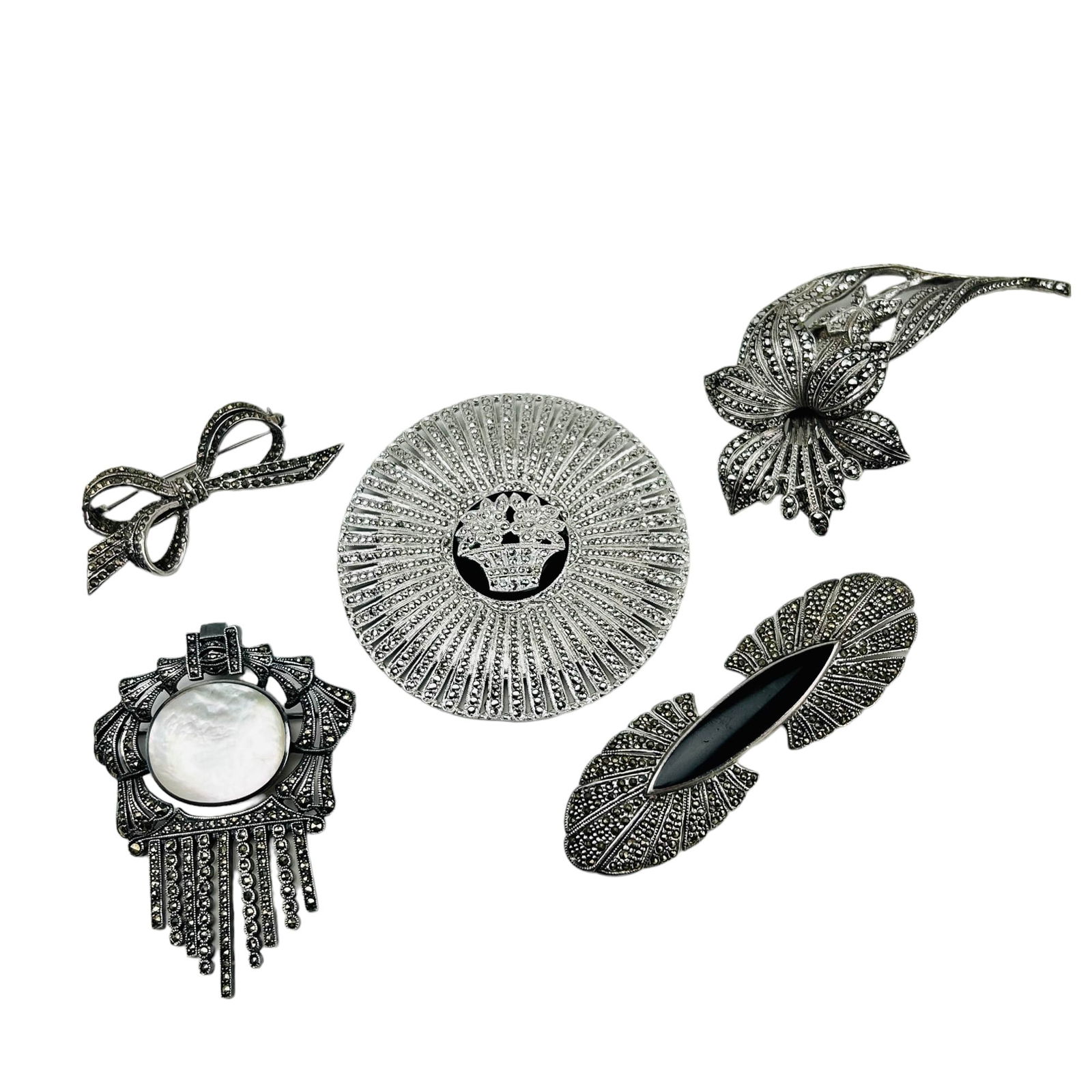 Sterling Silver 925 Marcasite MOP Brooch Pins 5pc (1 of 7)