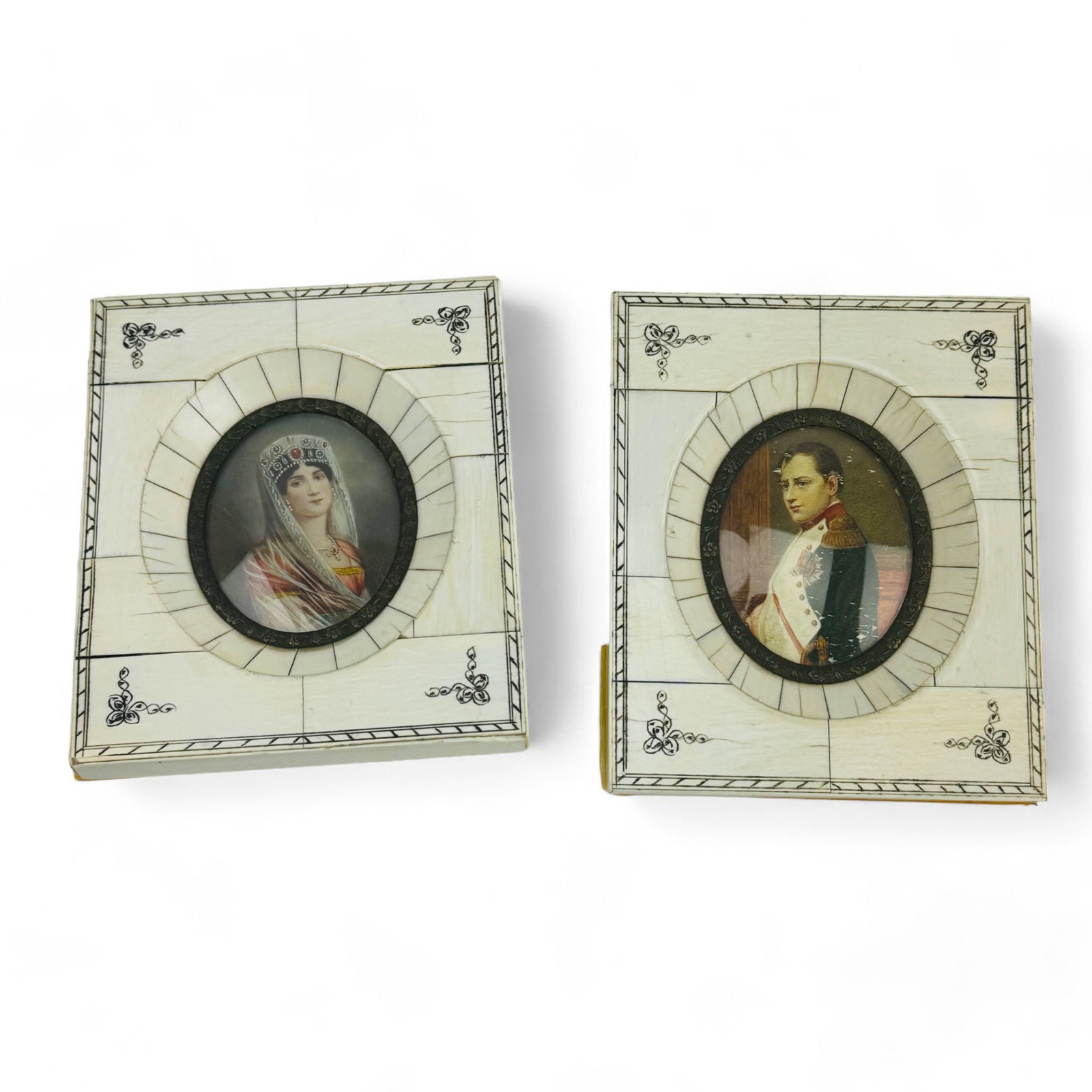 Antique Hand Painted Miniature Napoleon Josephine: Pair of Hand Painted Miniatures of Napoleon Bonaparte and his wife Josephine. Both displayed in Bone Frames. Dimensions: 4.75 X 4 X .50 in. Condition: Good overall condition with wear to frames.