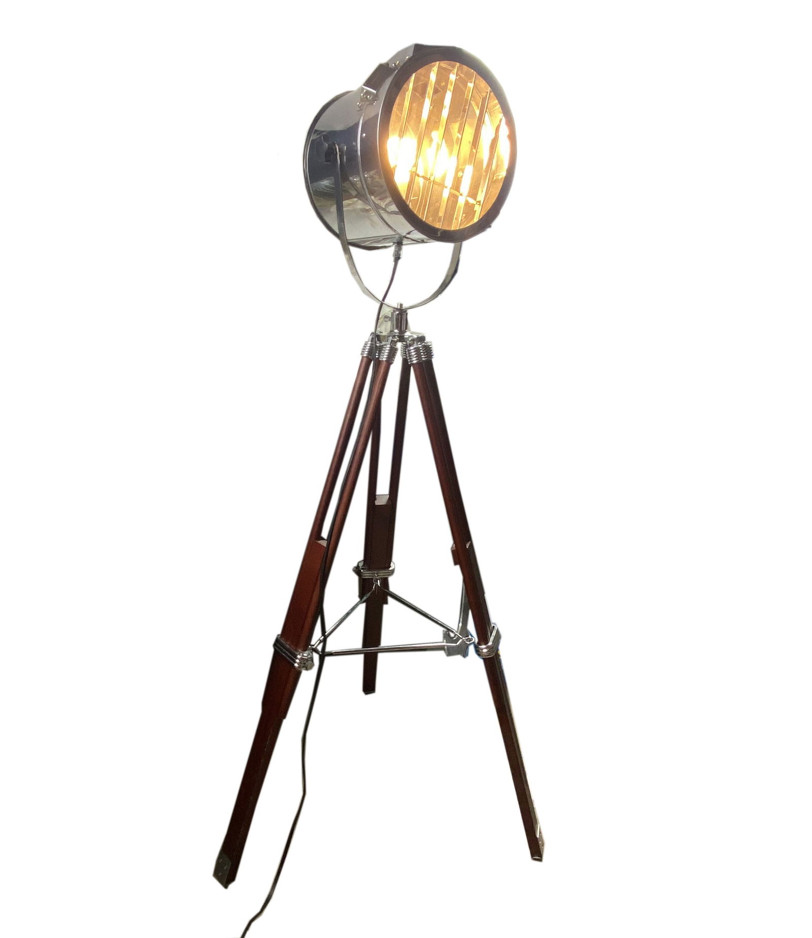 20th C. Chrome Wood Tripod Ships Spotlight Lamp (1 of 4)