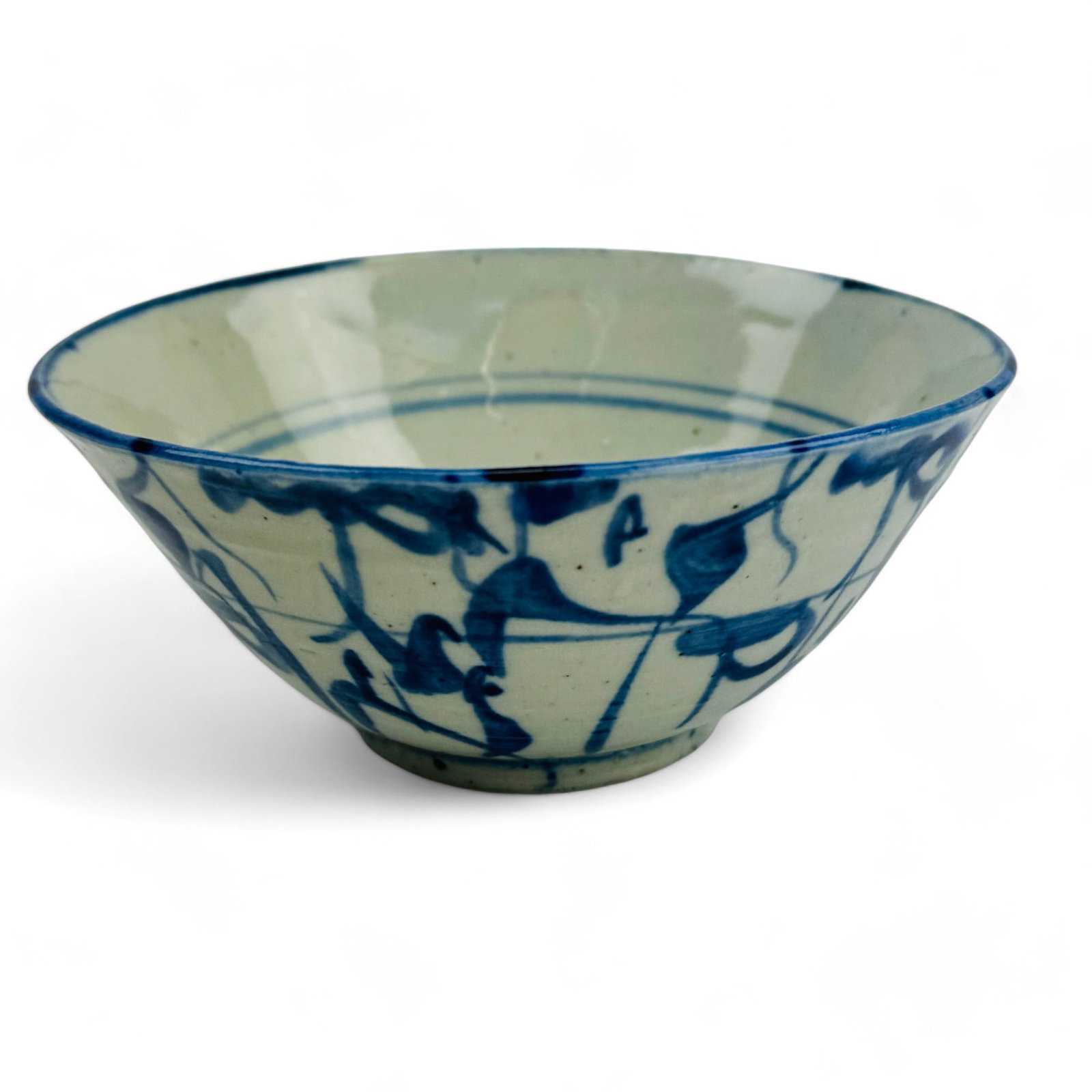 Chinese Blue & White Hand Painted Porcelain Bowl: Chinese Blue and White Hand Painted Porcelain Bowl.Signed on Base. Measures 2 1/2" high, 5 1/4" wide. Condition: Good Overall Condition, having mild surface wear. Estate Fresh to the Market Shipping