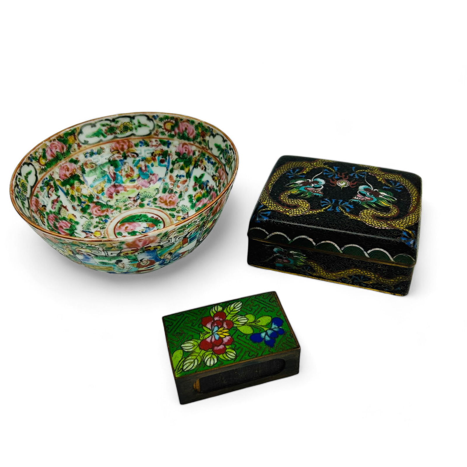 Chinese Famille Rose Bowl Cloisonne Box 3pc LOT (1 of 9)