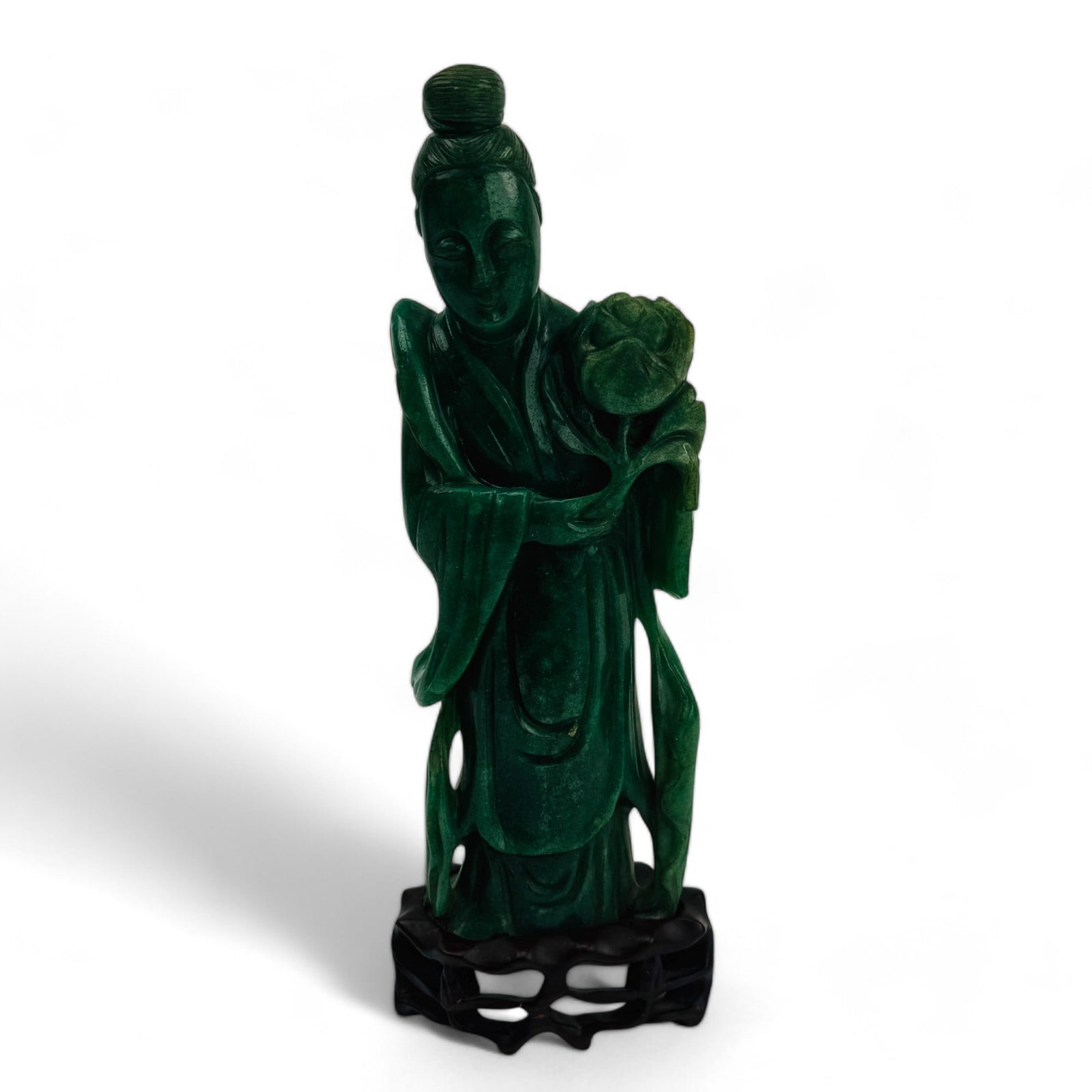 Chinese Green Jade Kwan Yin Buddha Lotus Sculpture (1 of 4)