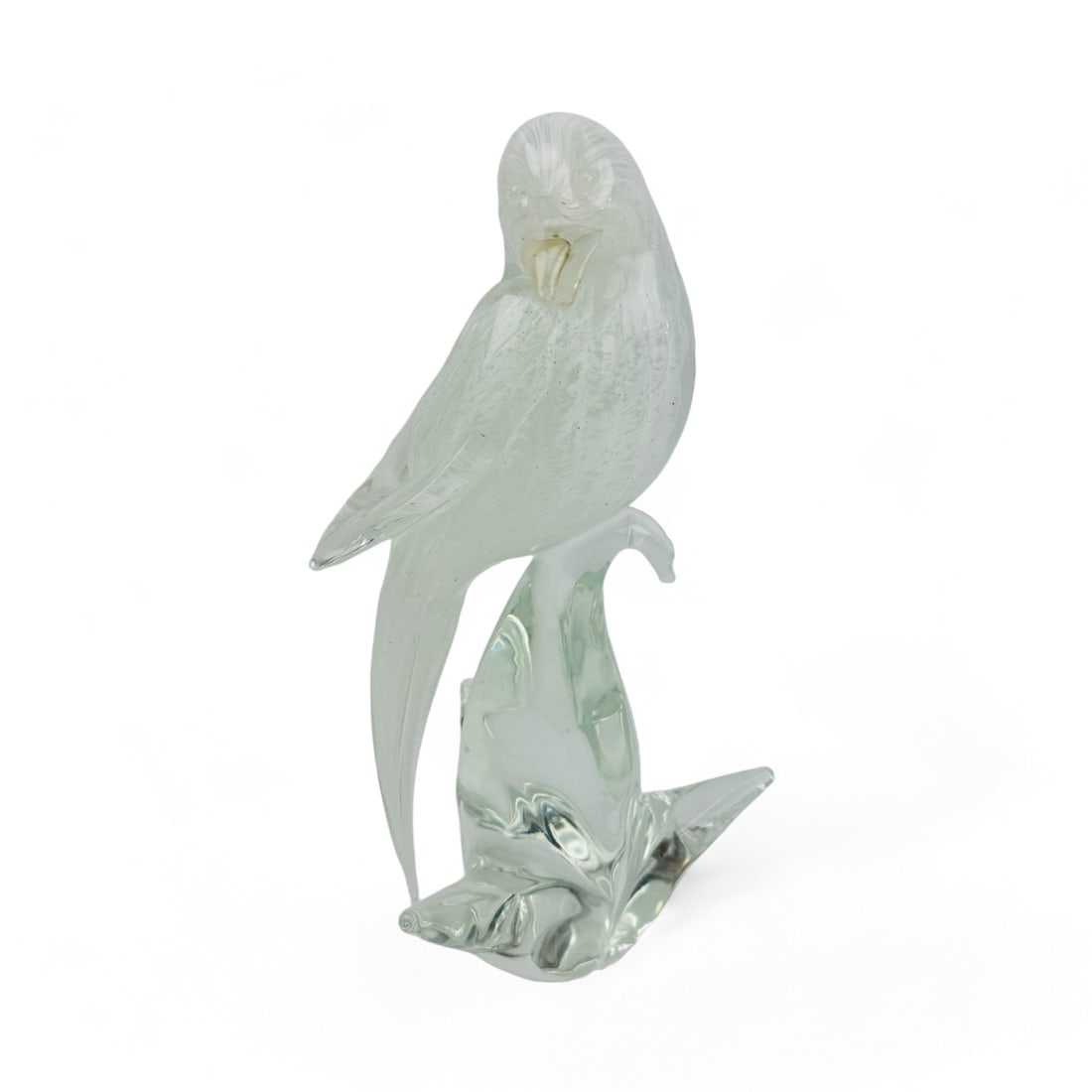 Murano Mid Century Italian Glass Bird Sculpture: An expertly crafted Murano Italy studio hand blown art glass bird sculpture. This Italian glasswork features a sleek, modern design depicting a bird that is intricately rendered in clear glass, having