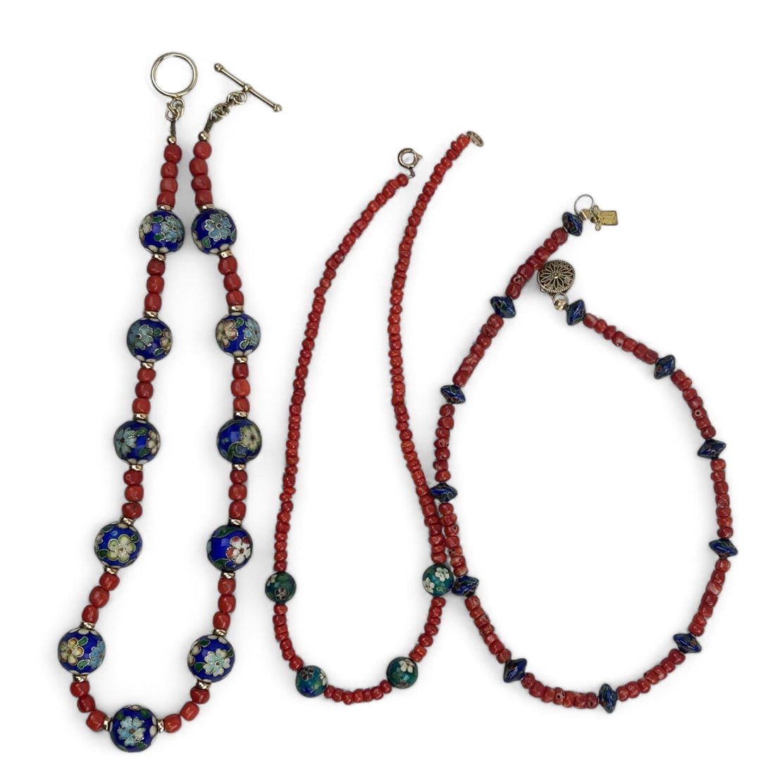Lot Three Red Coral Cloisonne Beaded Necklaces (1 of 5)