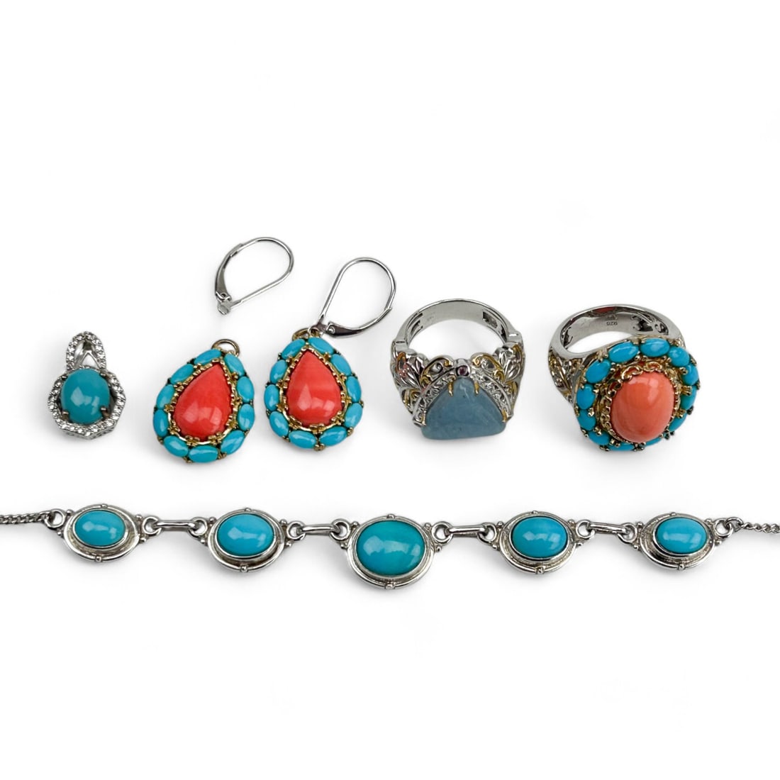 Turquoise Coral Sterling Ring Pendant Necklace LOT (1 of 5)