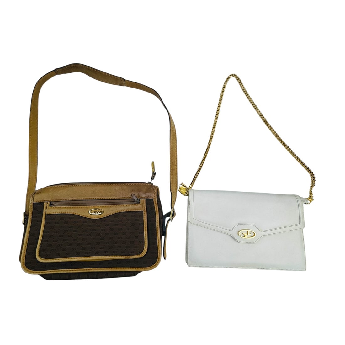 Gucci Italy White Leather & Brown Canvas Purse Bag (1 of 5)