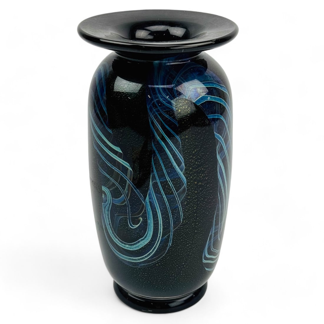 Signed Studio Art Glass Iridescent Blue Black Vase (1 of 3)