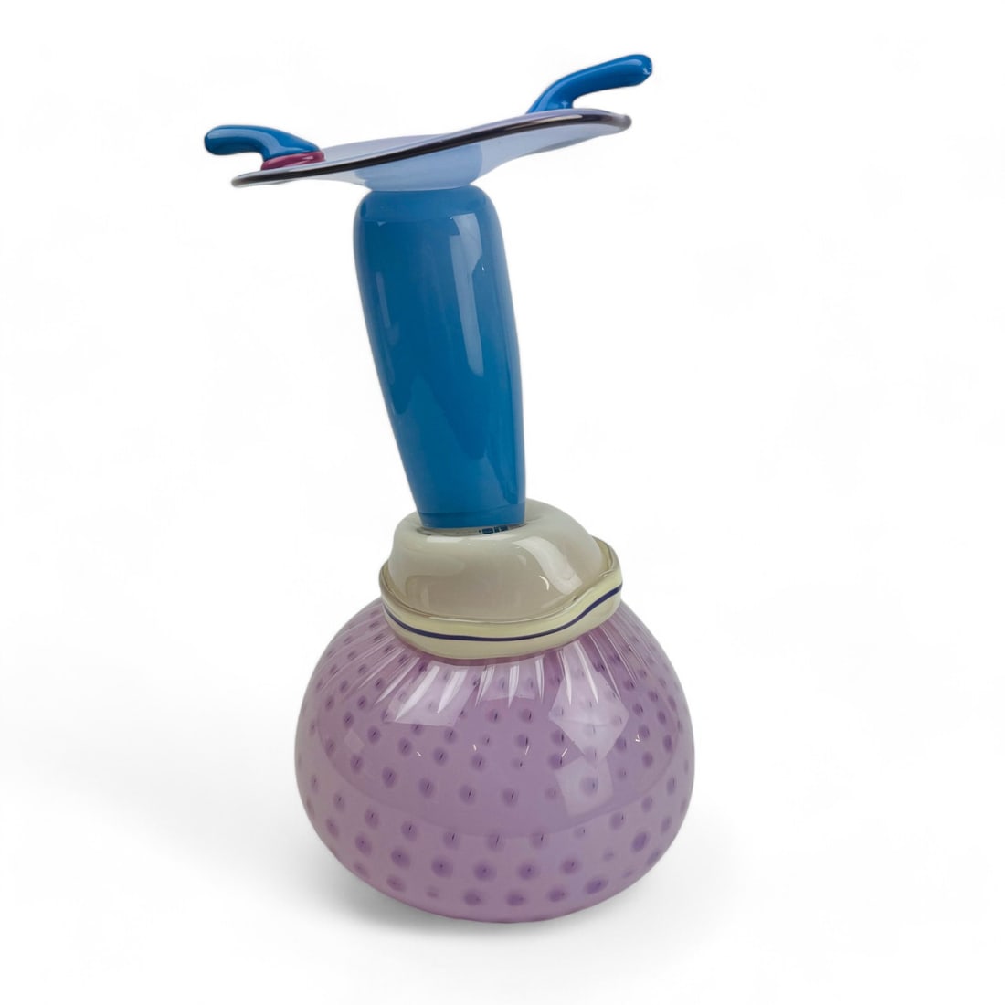 James Van Deurzen Memphis Style Art Glass Vessel: James Van Deurzen (American, born 1952) is a postwar and contemporary artist. This imaginative sculptural vase offers a playful yet sophisticated approach to art glass design. Features a bold composit