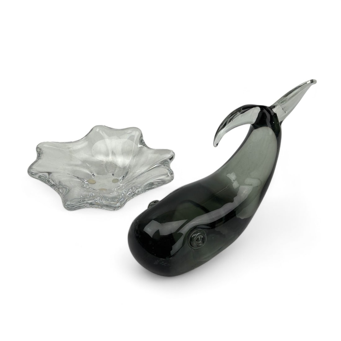 Baccarat Crystal Starfish Bowl Murano Glass Whale: French and Italian pieces of crystal glass artistry. Includes ~ one (1) Baccarat France crystal bowl, characterized by its clear, starfish style design. One (1) Murano Italy studio art glass whale scu
